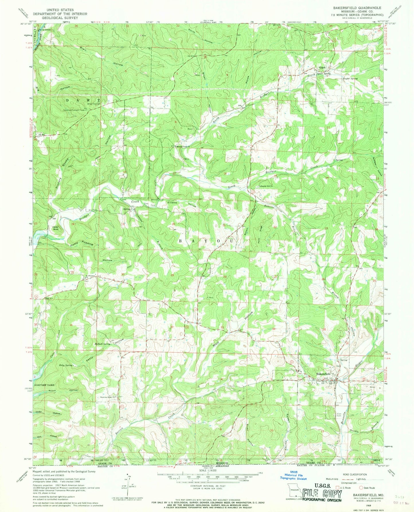 Classic USGS Bakersfield Missouri 7.5'x7.5' Topo Map Image