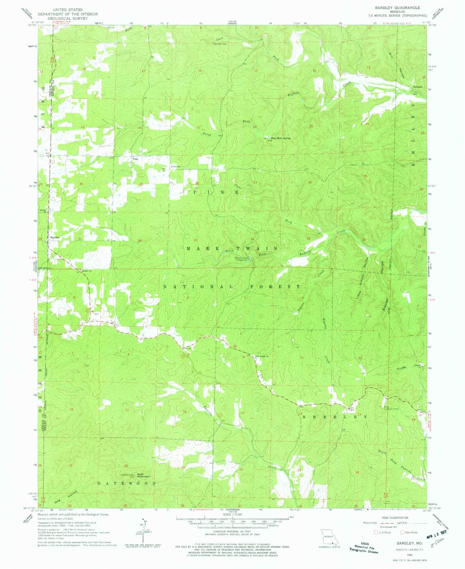Classic USGS Bardley Missouri 7.5'x7.5' Topo Map Image