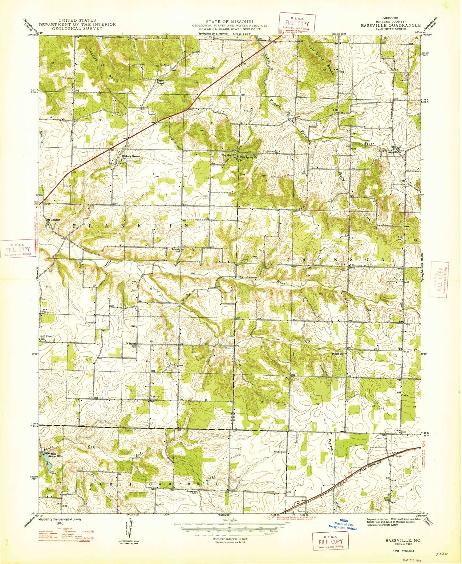Classic USGS Bassville Missouri 7.5'x7.5' Topo Map Image