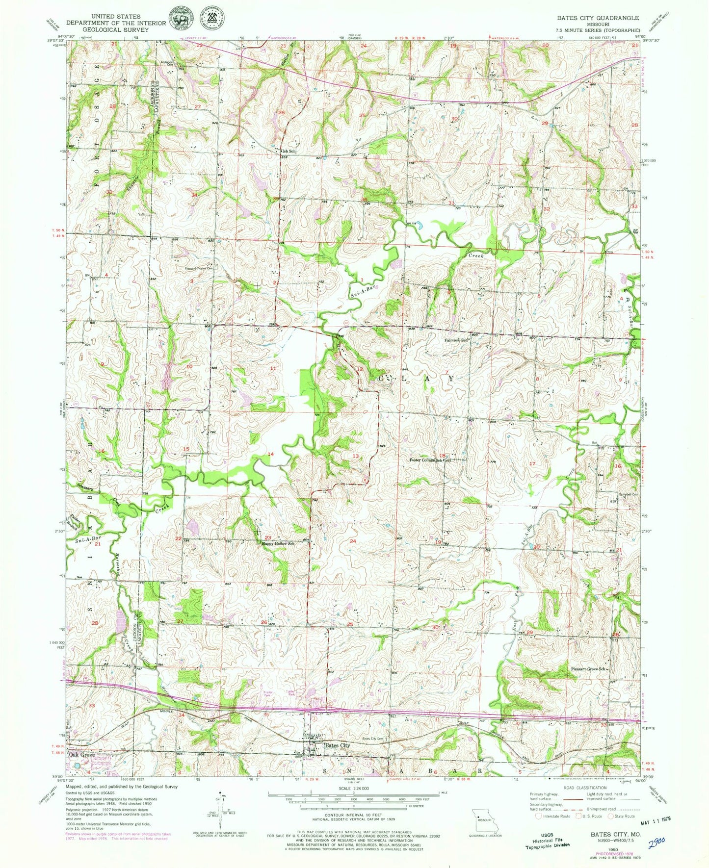 Classic USGS Bates City Missouri 7.5'x7.5' Topo Map Image