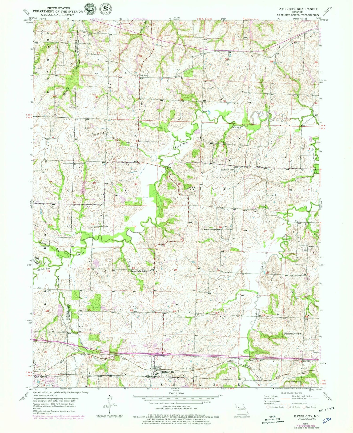 Classic USGS Bates City Missouri 7.5'x7.5' Topo Map Image