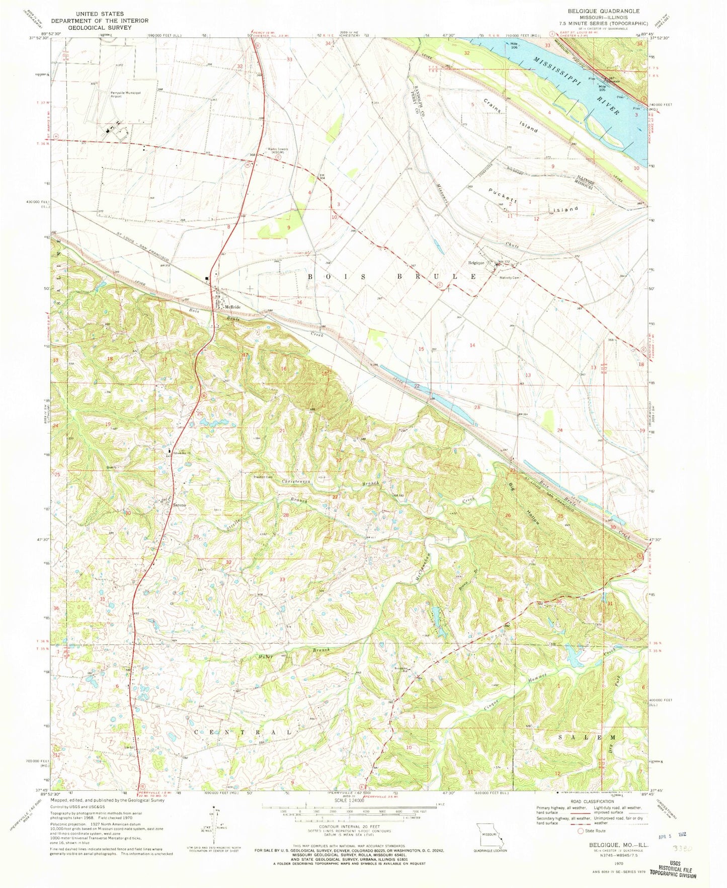 Classic USGS Belgique Missouri 7.5'x7.5' Topo Map Image