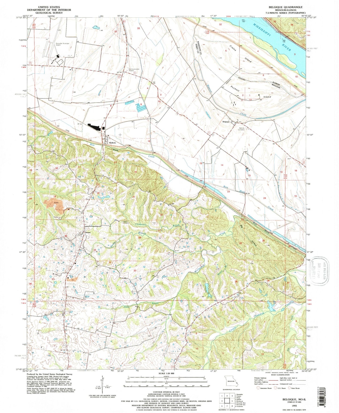Classic USGS Belgique Missouri 7.5'x7.5' Topo Map Image