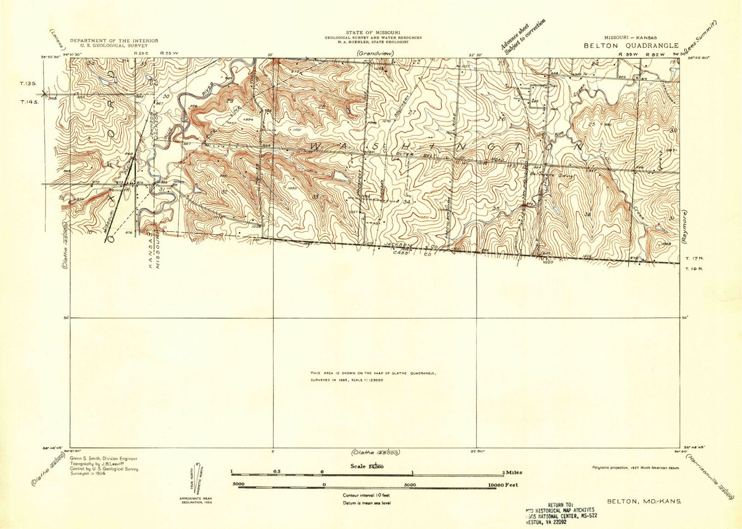 Classic USGS Belton Missouri 7.5'x7.5' Topo Map Image