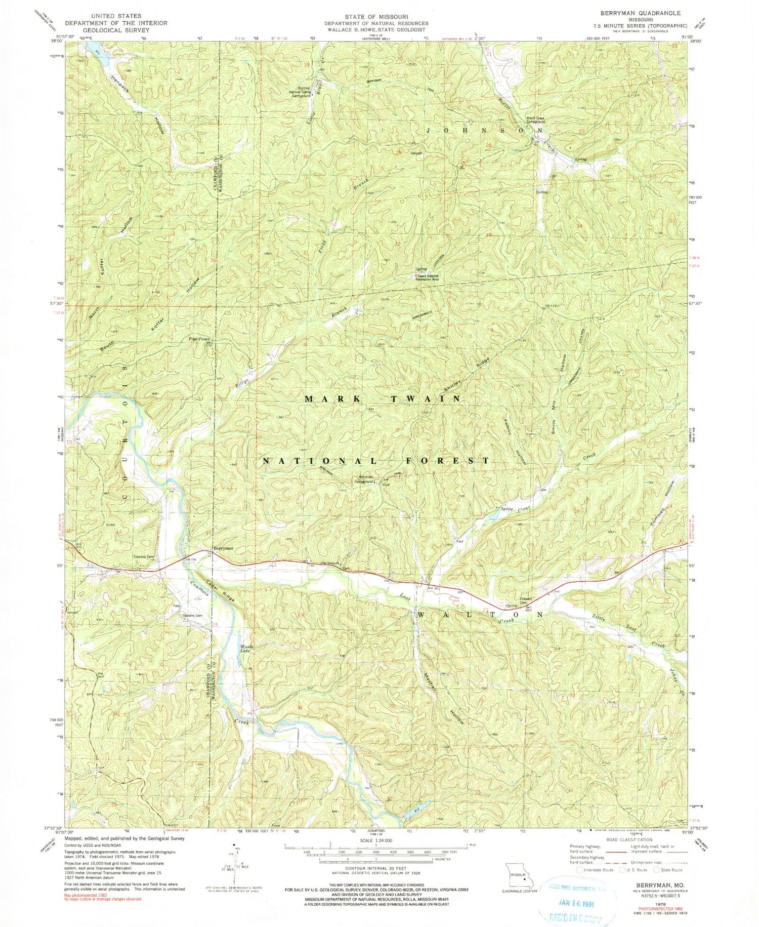 Classic USGS Berryman Missouri 7.5'x7.5' Topo Map Image