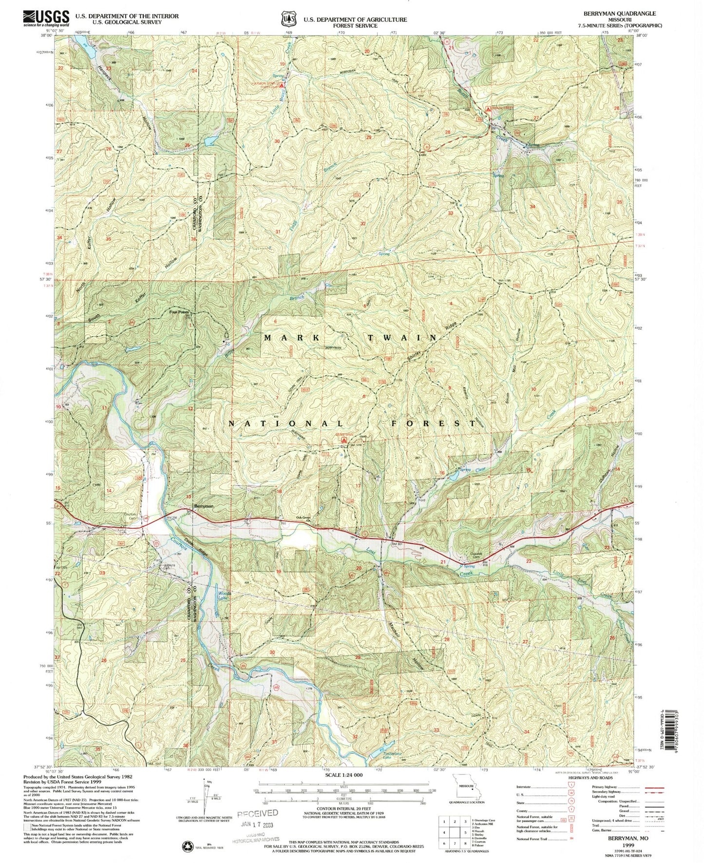 Classic USGS Berryman Missouri 7.5'x7.5' Topo Map Image