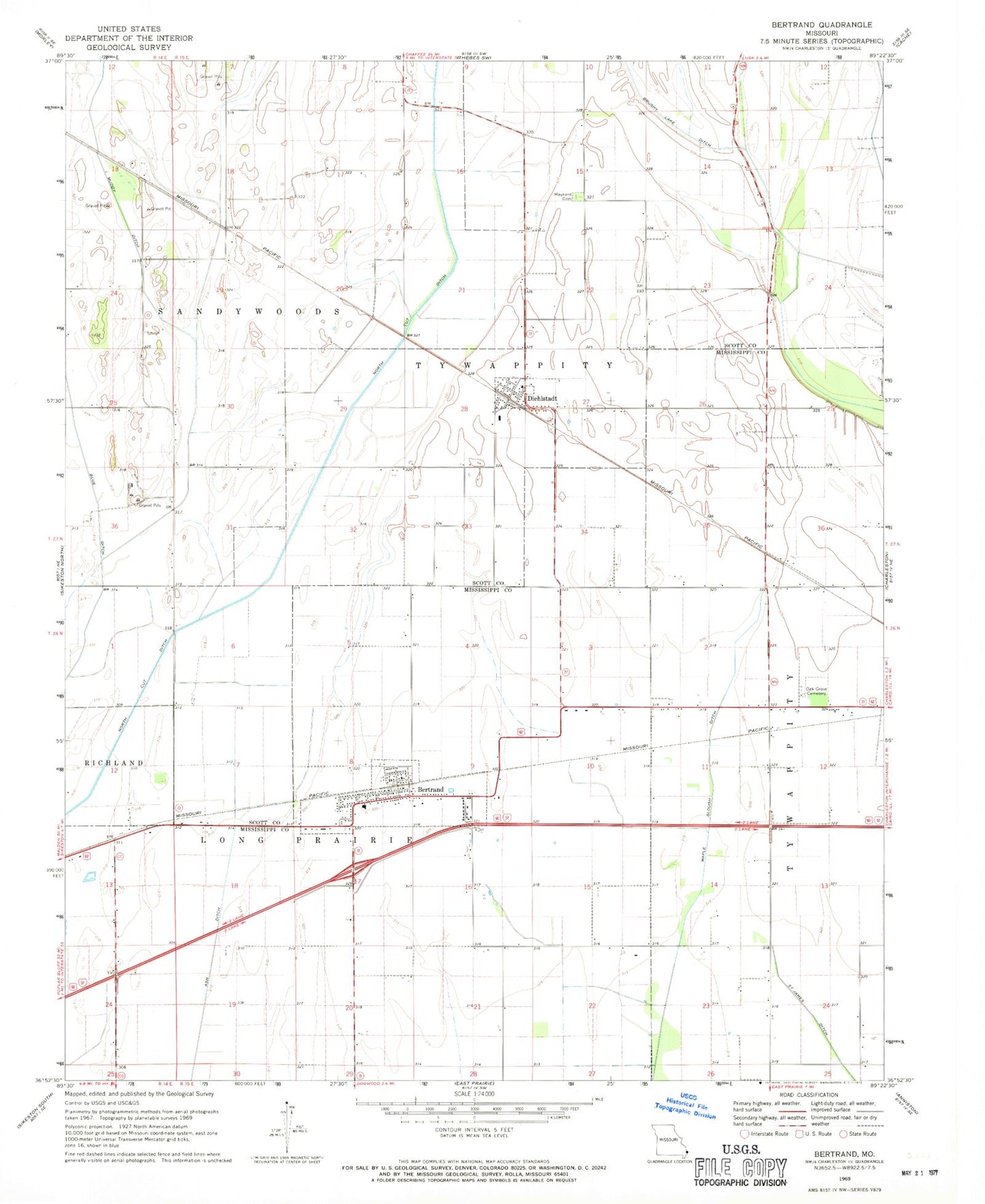 Classic USGS Bertrand Missouri 7.5'x7.5' Topo Map Image