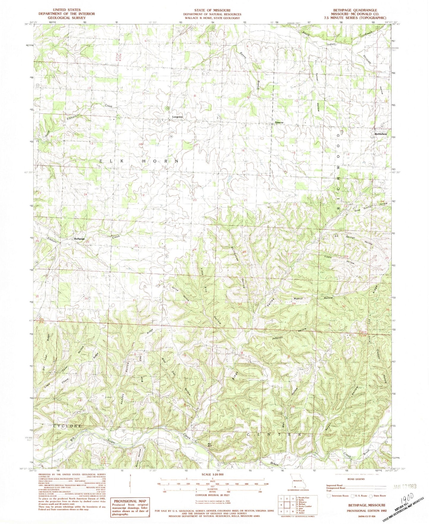 Classic USGS Bethpage Missouri 7.5'x7.5' Topo Map Image