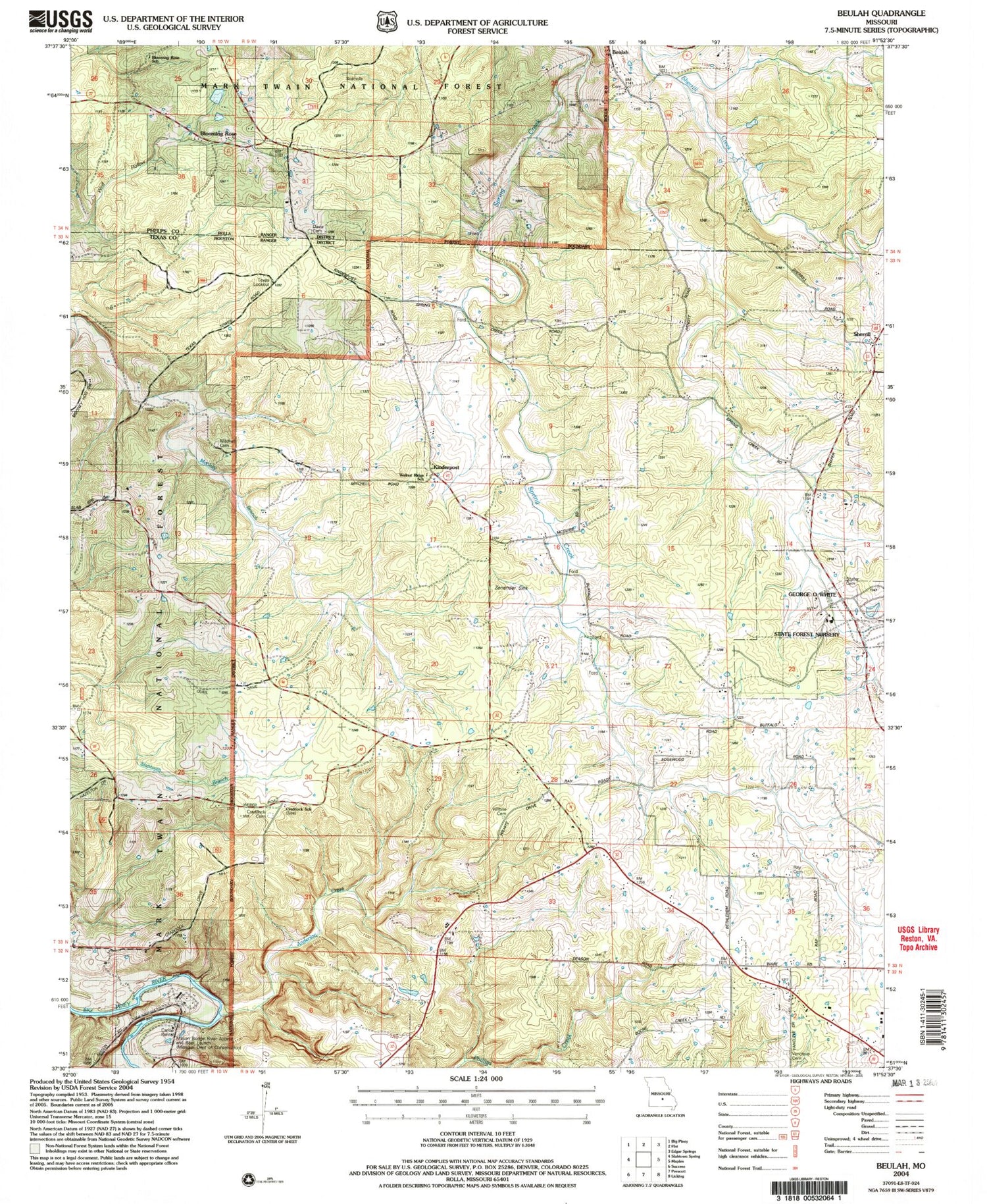 Classic USGS Beulah Missouri 7.5'x7.5' Topo Map Image