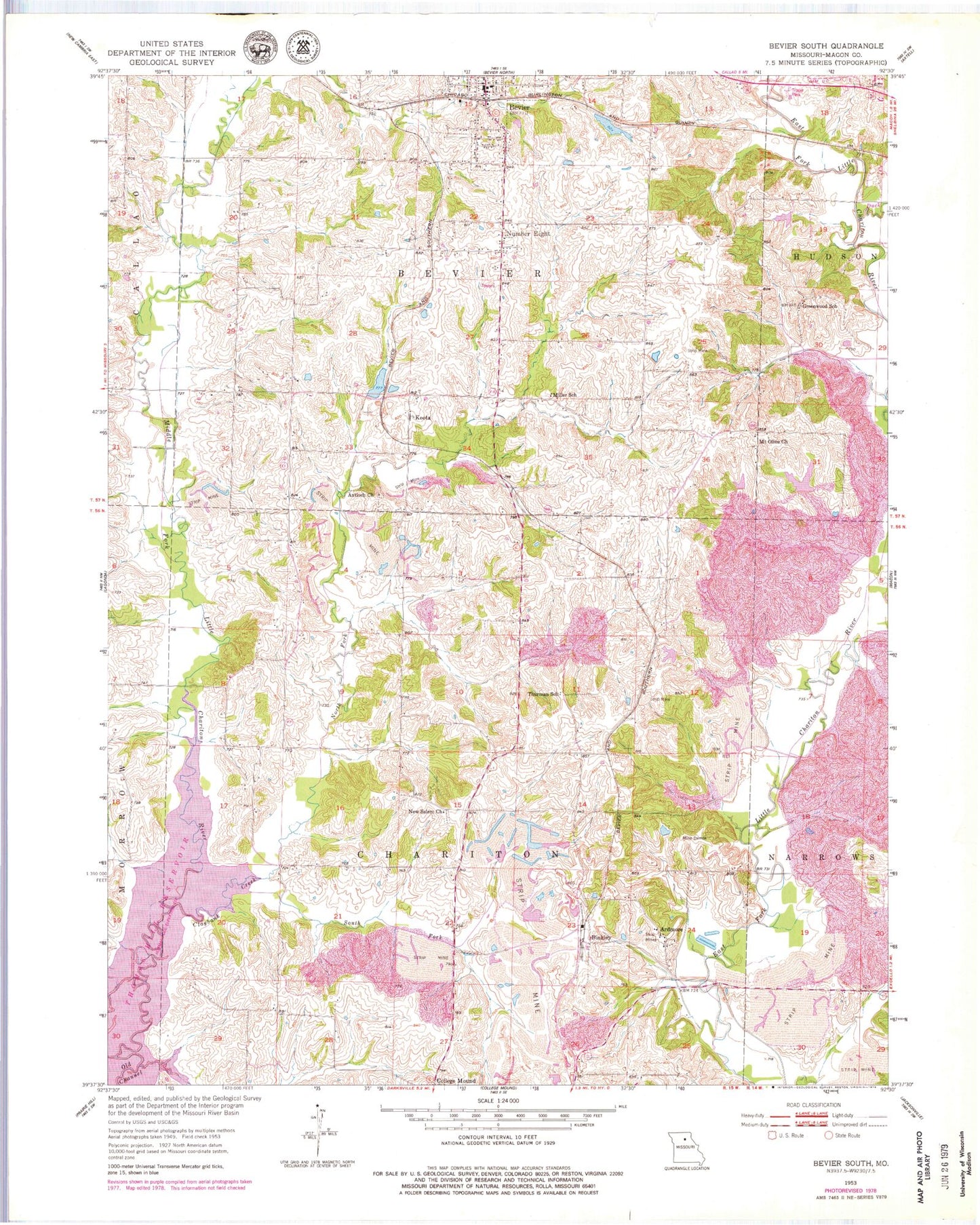 Classic USGS Bevier South Missouri 7.5'x7.5' Topo Map Image