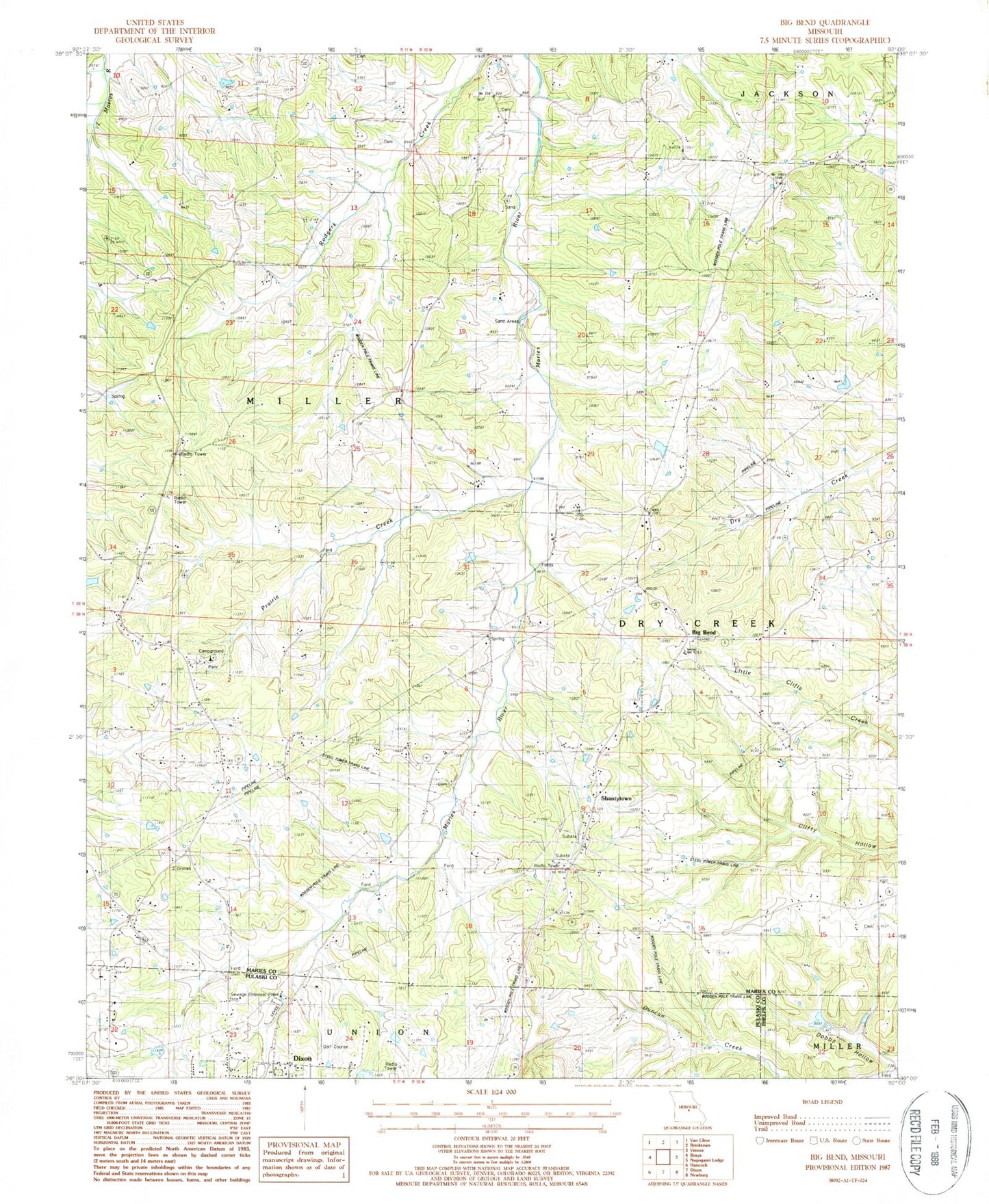 Classic USGS Big Bend Missouri 7.5'x7.5' Topo Map Image