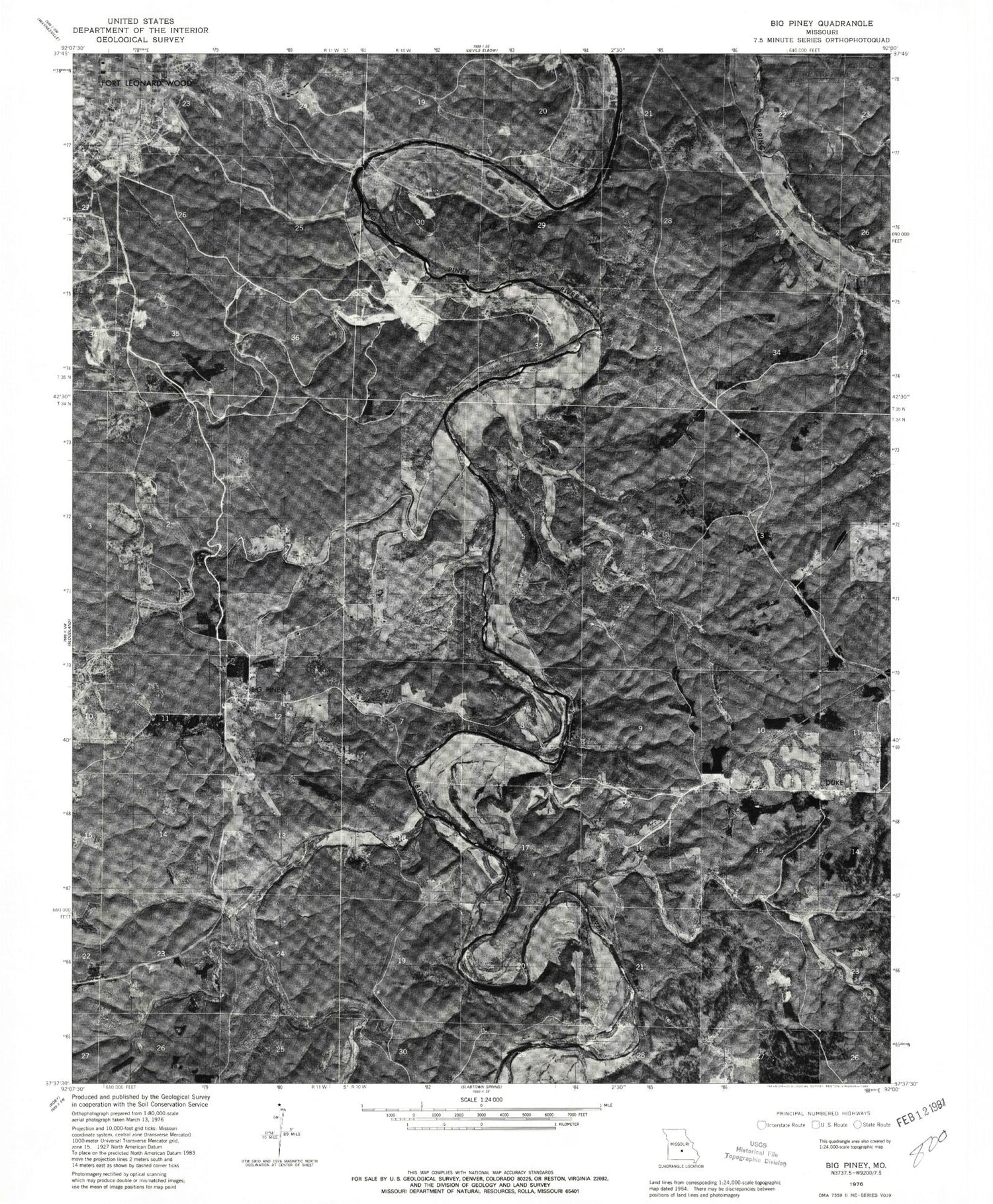 Classic USGS Big Piney Missouri 7.5'x7.5' Topo Map Image