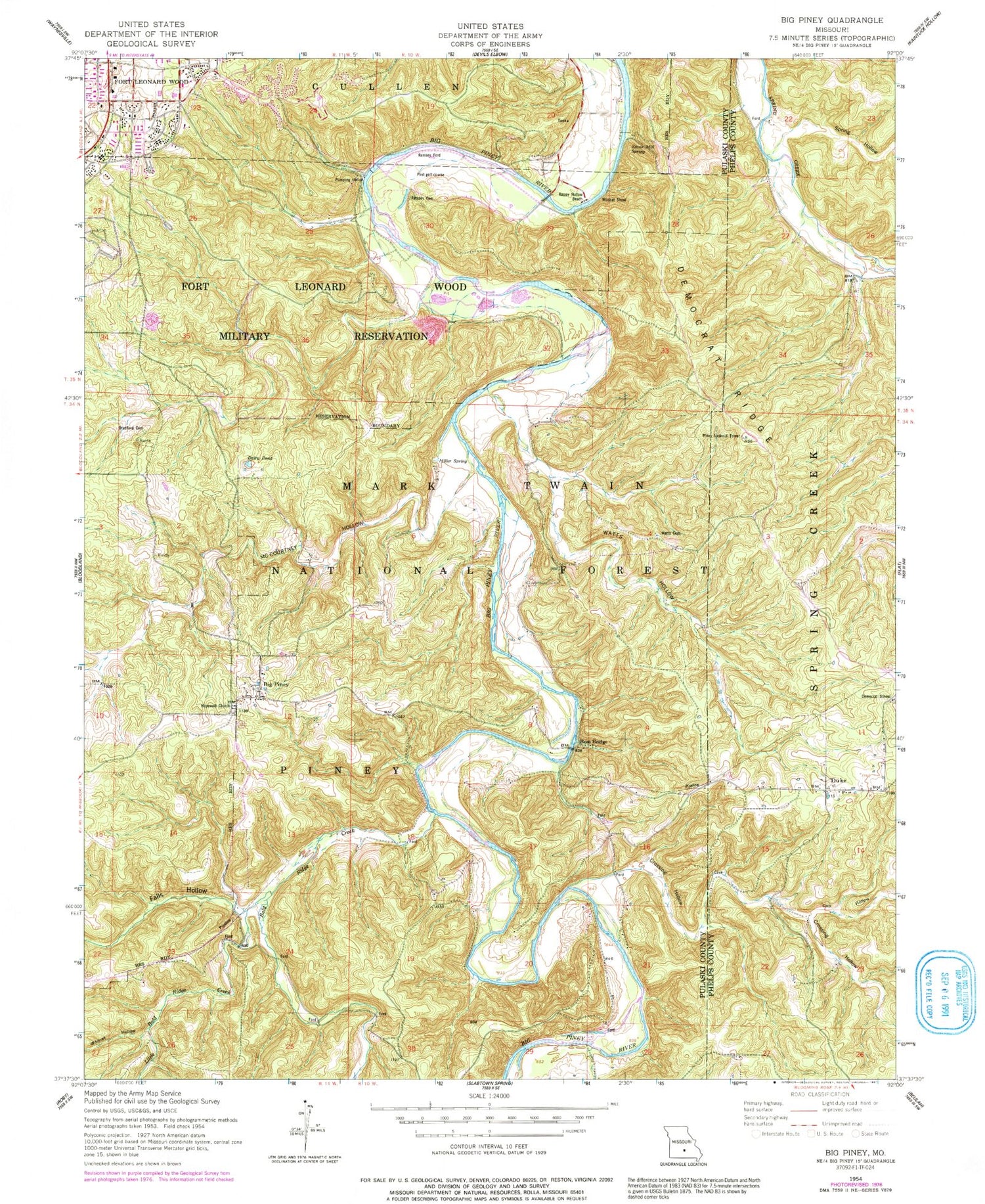 Classic USGS Big Piney Missouri 7.5'x7.5' Topo Map Image