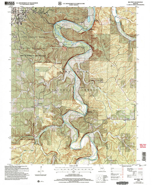 Classic USGS Big Piney Missouri 7.5'x7.5' Topo Map Image