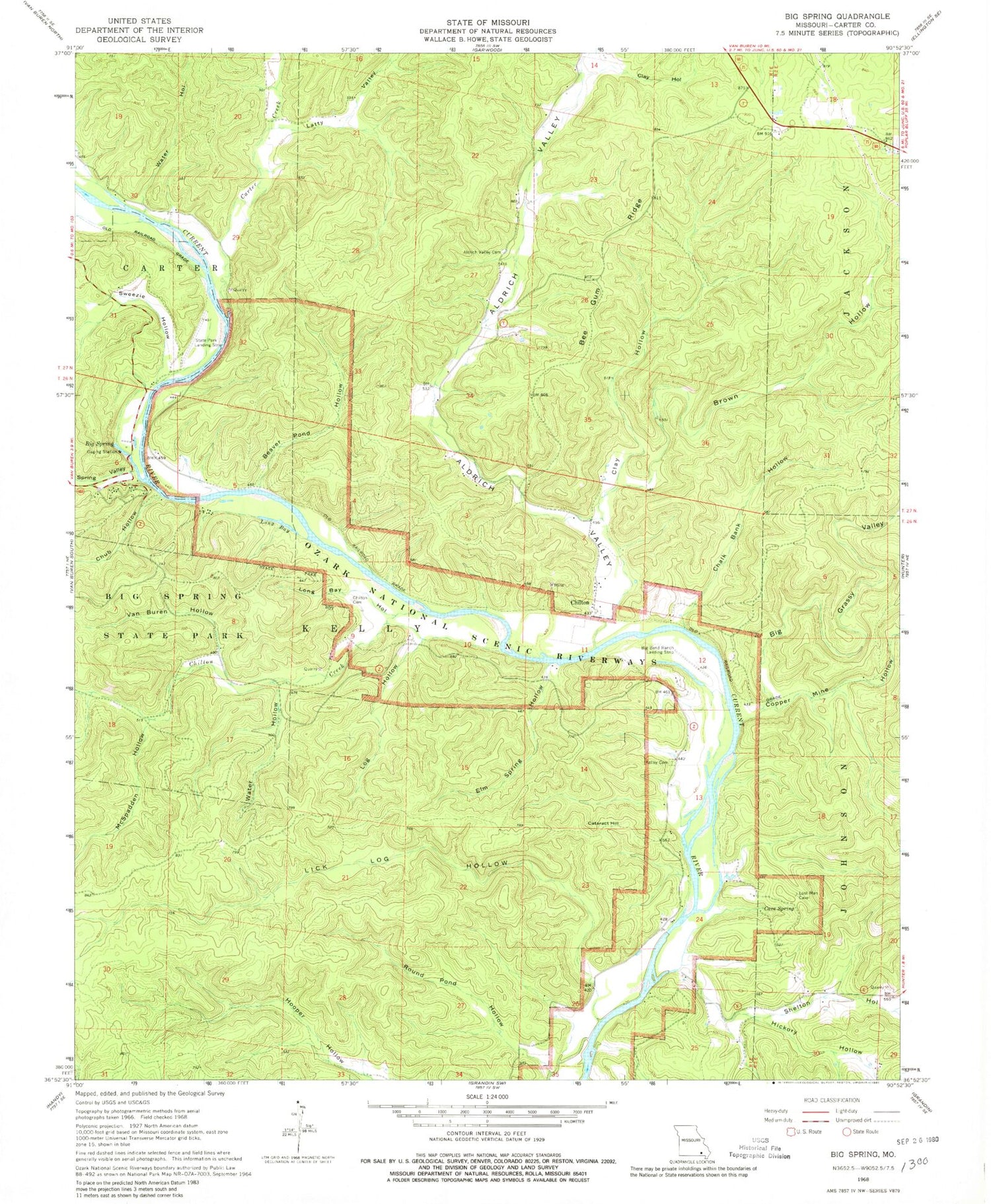 Classic USGS Big Spring Missouri 7.5'x7.5' Topo Map Image