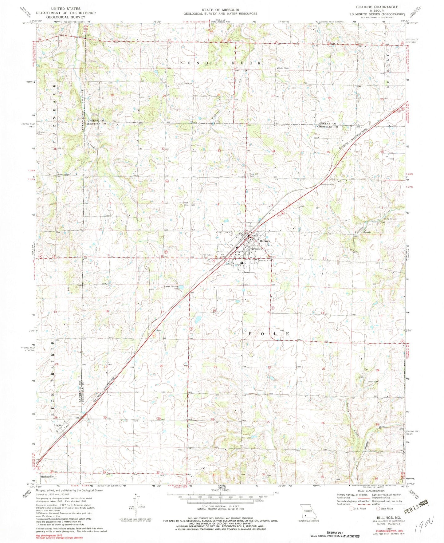 Classic USGS Billings Missouri 7.5'x7.5' Topo Map Image