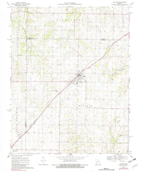 Classic USGS Billings Missouri 7.5'x7.5' Topo Map Image