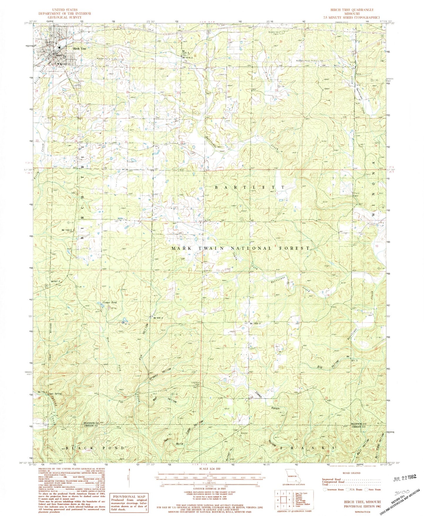 Classic USGS Birch Tree Missouri 7.5'x7.5' Topo Map Image