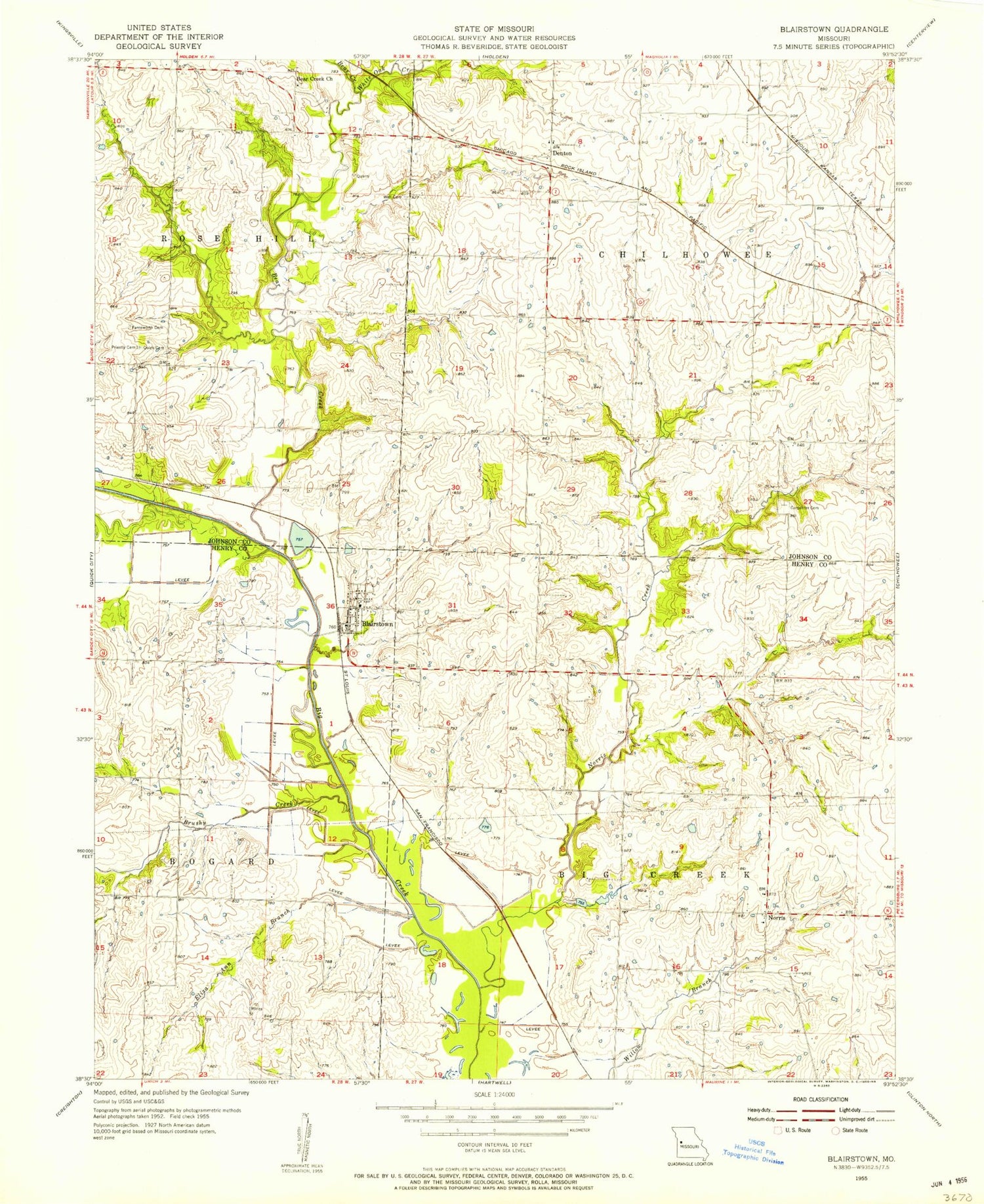 Classic USGS Blairstown Missouri 7.5'x7.5' Topo Map Image