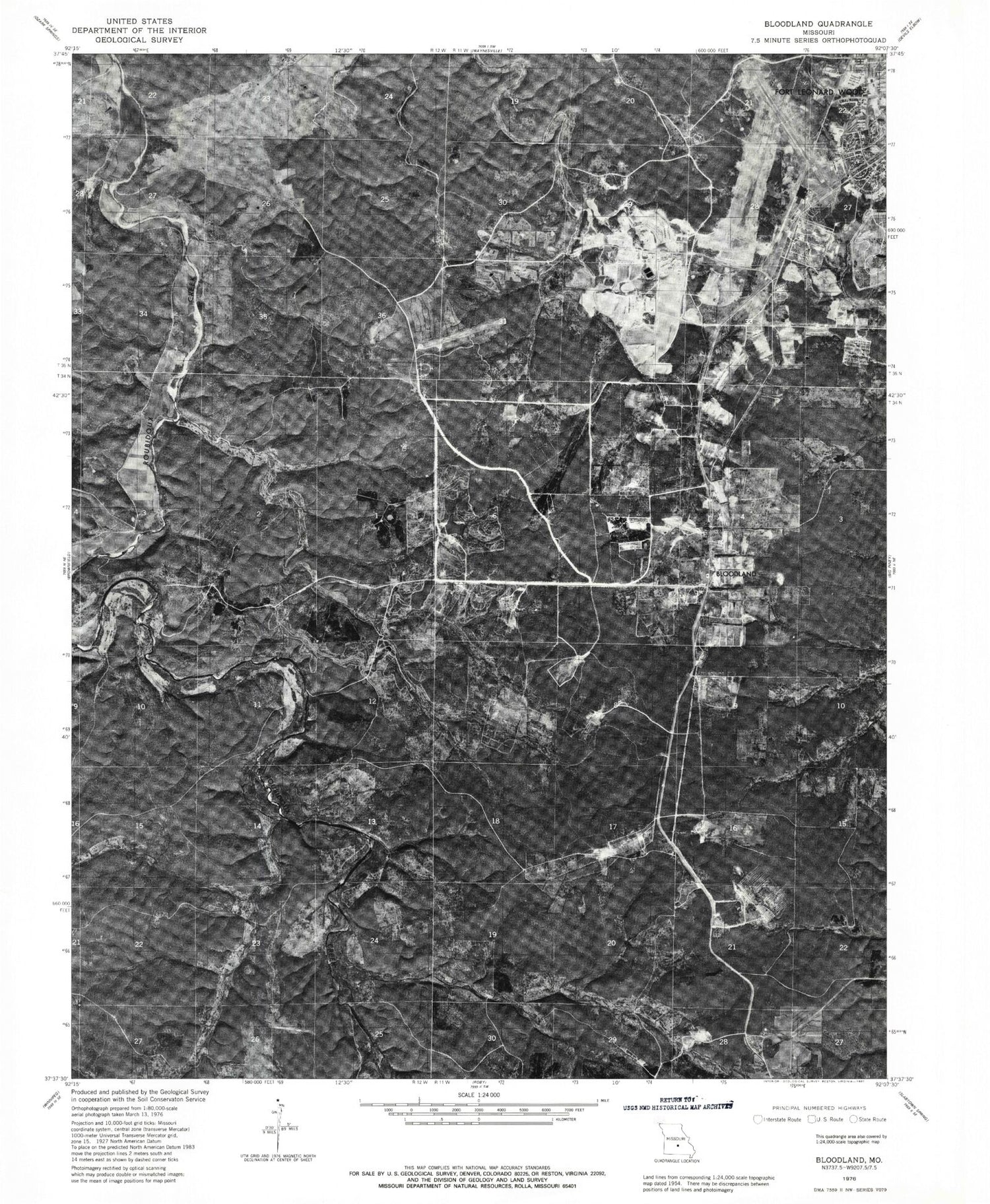 Classic USGS Bloodland Missouri 7.5'x7.5' Topo Map Image