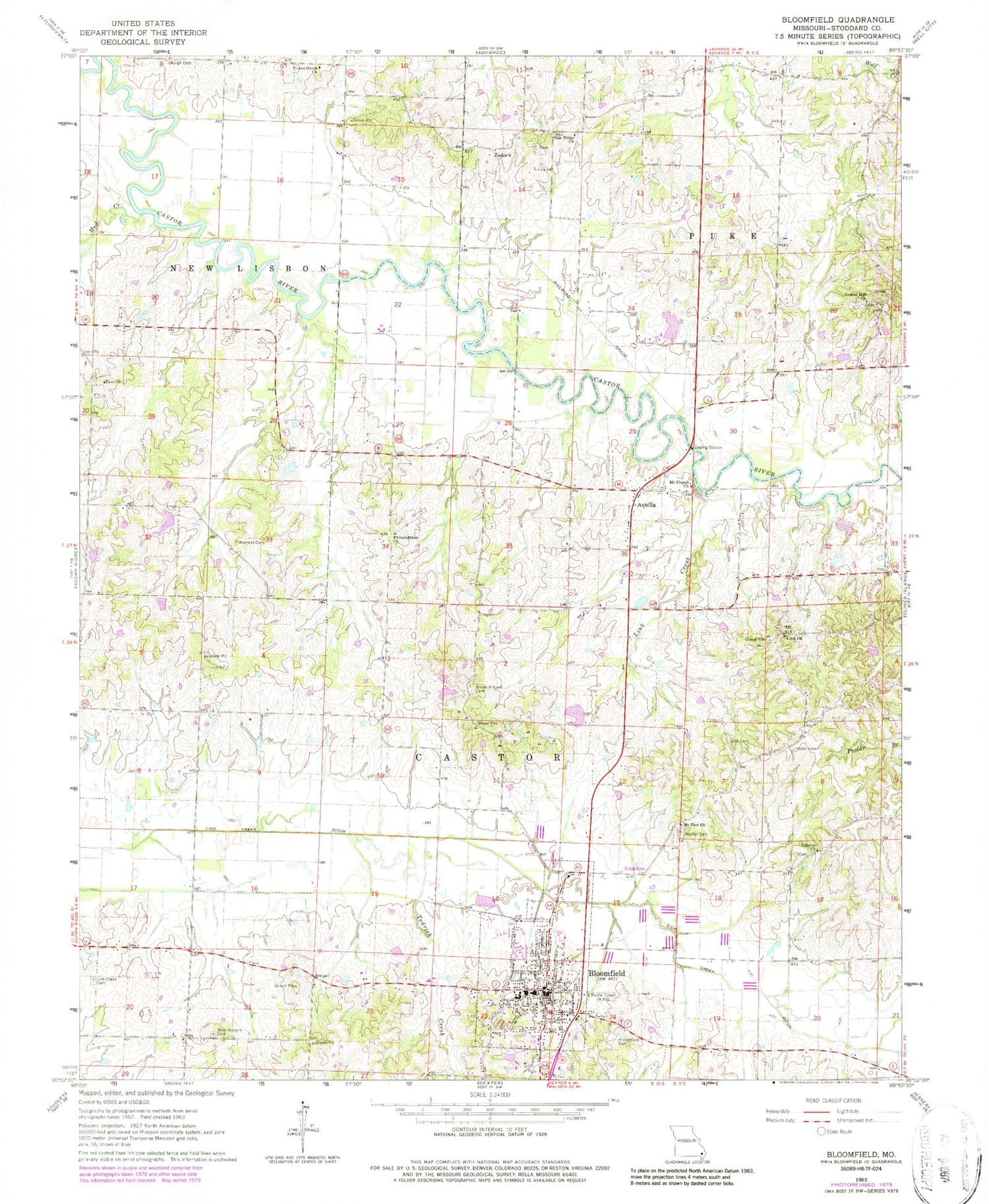 Classic USGS Bloomfield Missouri 7.5'x7.5' Topo Map Image