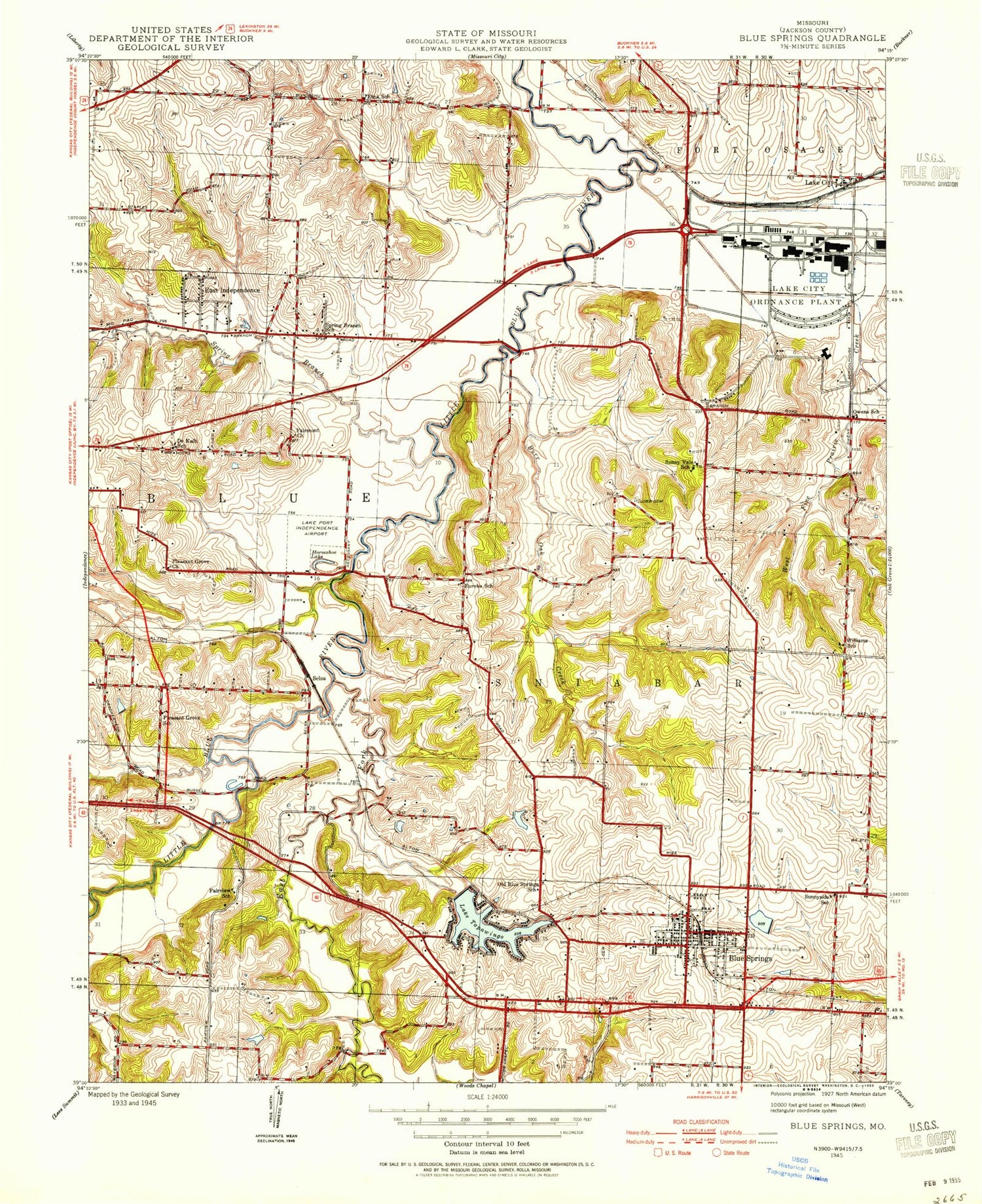 Classic USGS Blue Springs Missouri 7.5'x7.5' Topo Map Image