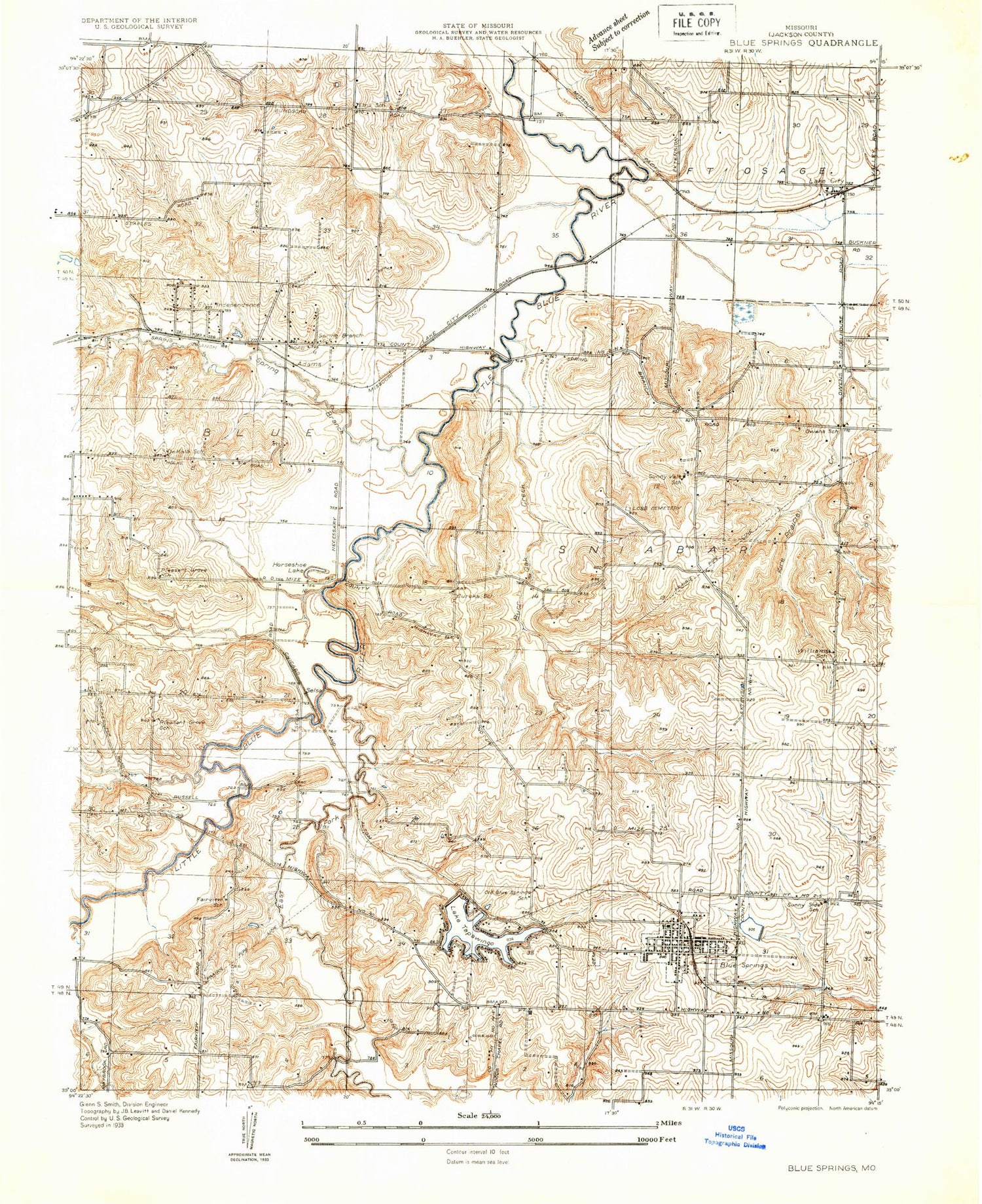 Classic USGS Blue Springs Missouri 7.5'x7.5' Topo Map Image