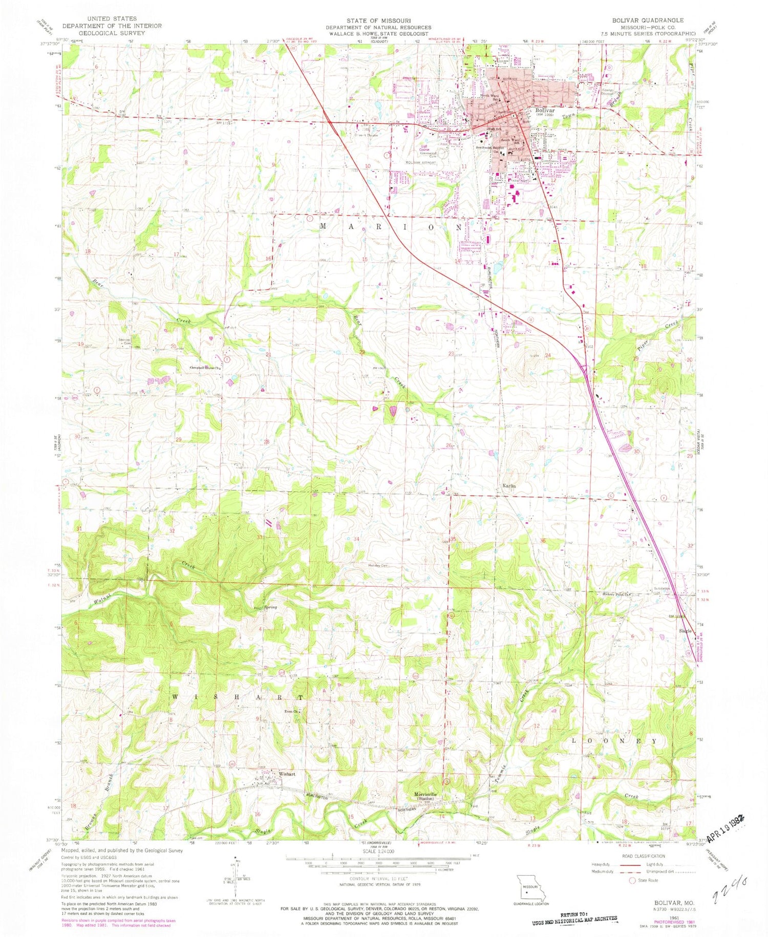 Classic USGS Bolivar Missouri 7.5'x7.5' Topo Map Image