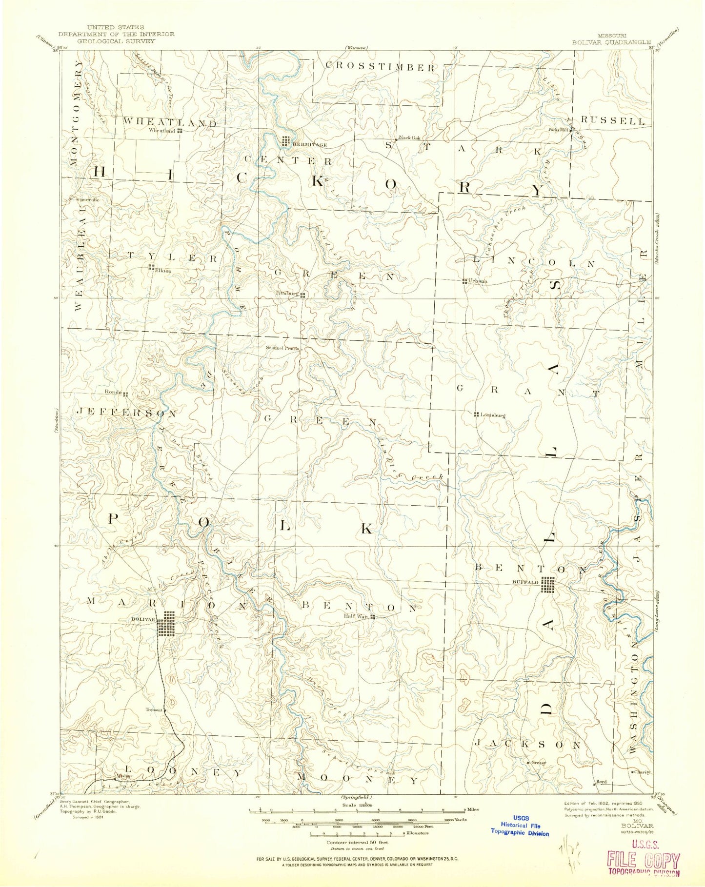 Historic 1892 Bolivar Missouri 30'x30' Topo Map Image