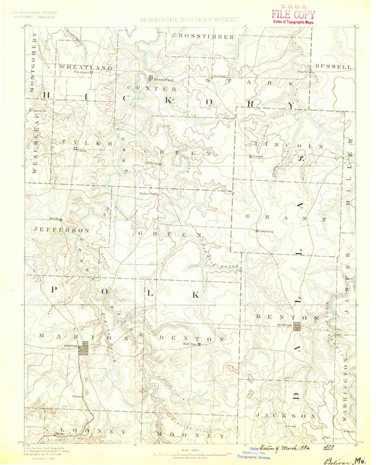 Historic 1884 Bolivar Missouri 30'x30' Topo Map Image