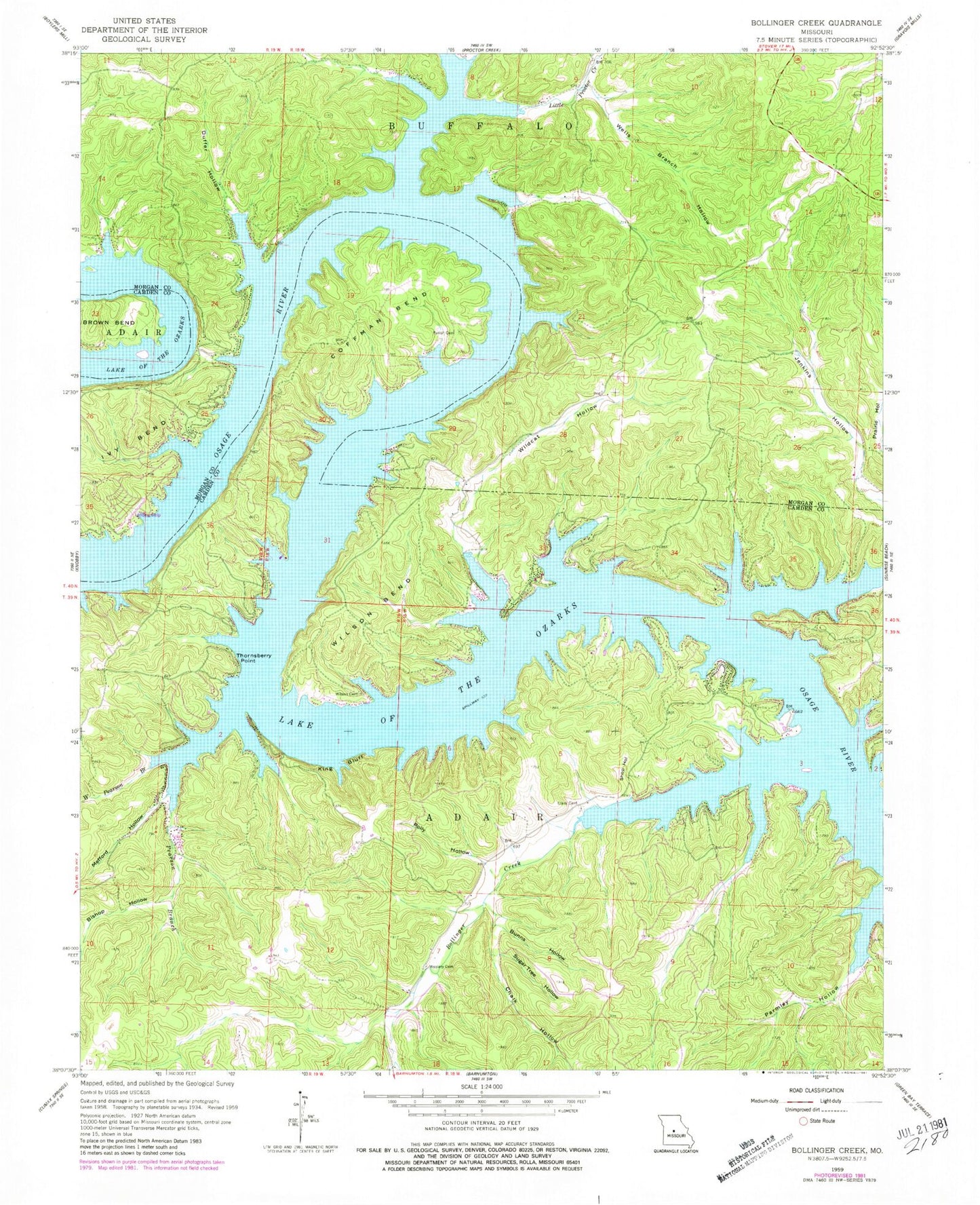 Classic USGS Bollinger Creek Missouri 7.5'x7.5' Topo Map Image