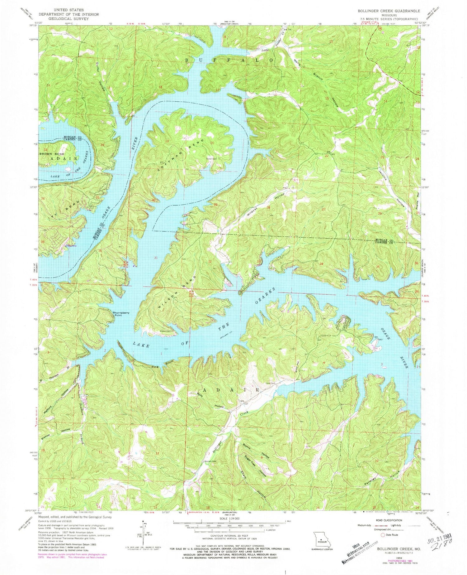 Classic USGS Bollinger Creek Missouri 7.5'x7.5' Topo Map Image