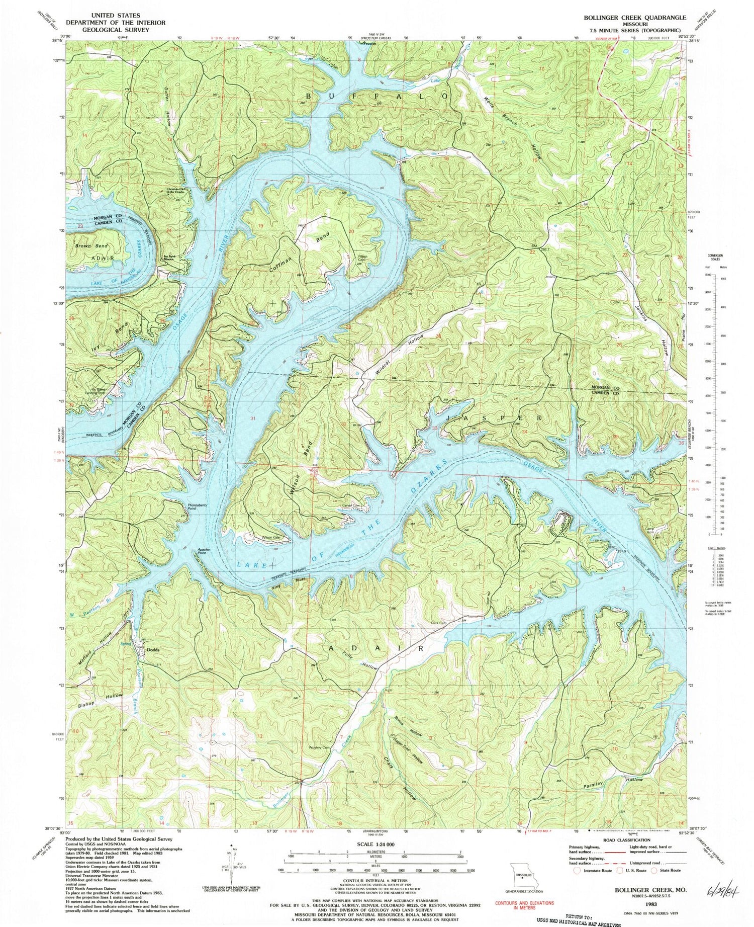 Classic USGS Bollinger Creek Missouri 7.5'x7.5' Topo Map Image