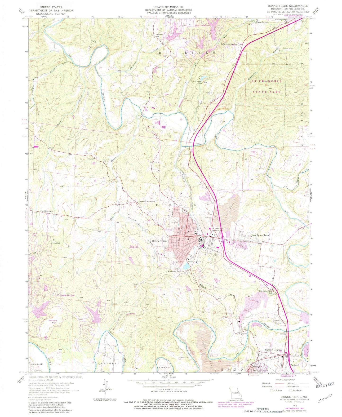 Classic USGS Bonne Terre Missouri 7.5'x7.5' Topo Map Image