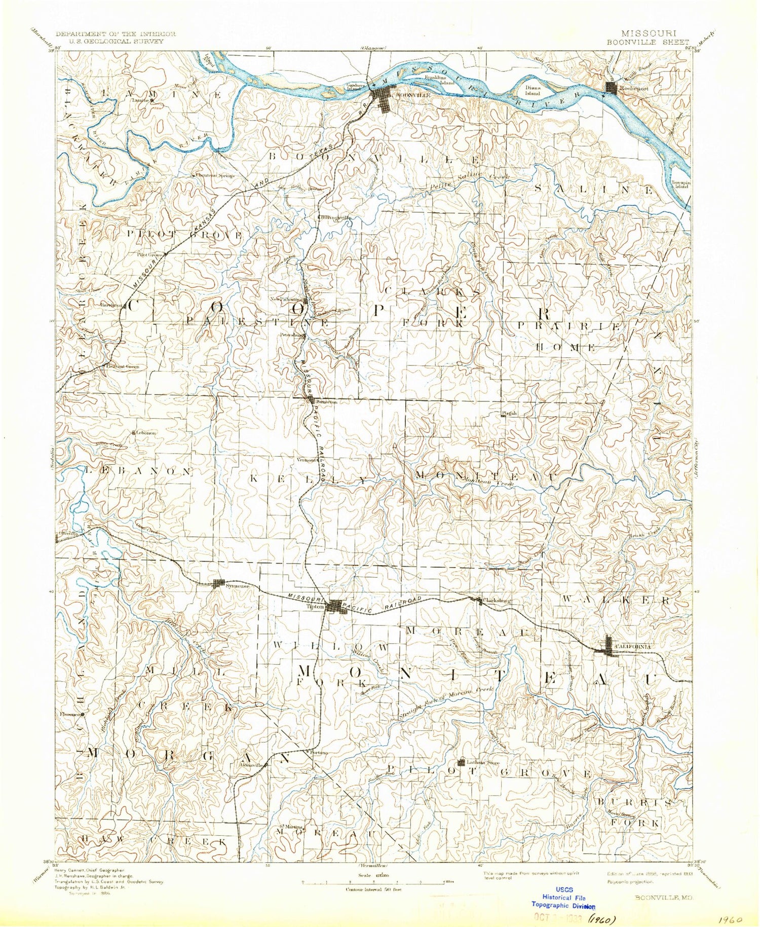 Historic 1888 Boonville Missouri 30'x30' Topo Map Image