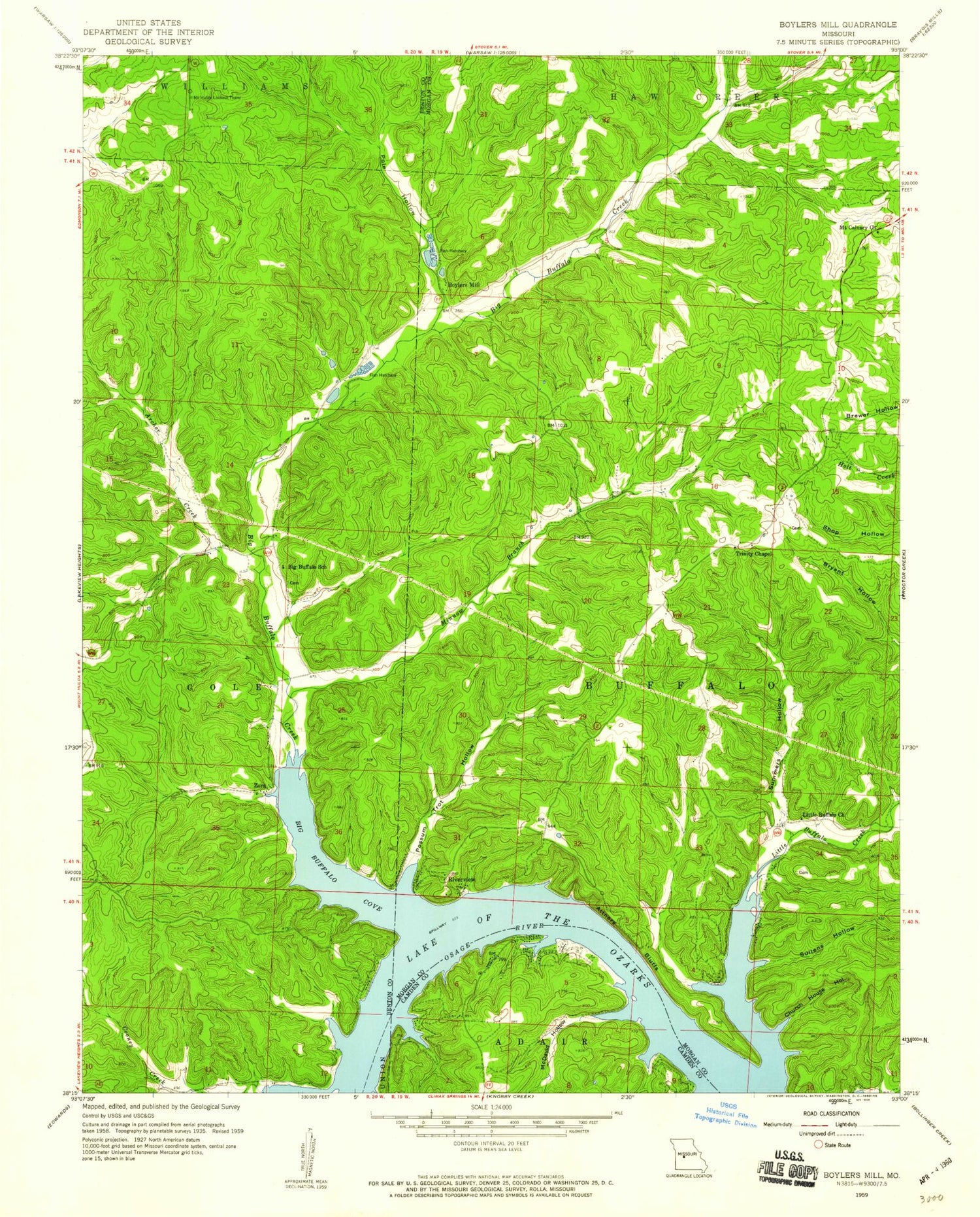 Classic USGS Boylers Mill Missouri 7.5'x7.5' Topo Map Image