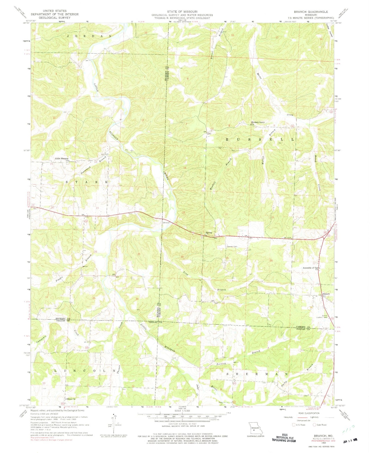 Classic USGS Branch Missouri 7.5'x7.5' Topo Map Image