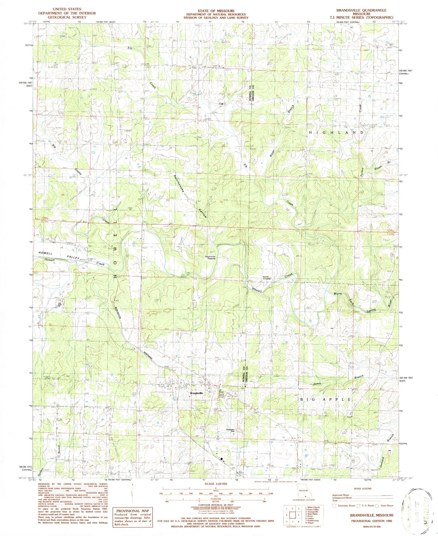 Classic USGS Brandsville Missouri 7.5'x7.5' Topo Map Image