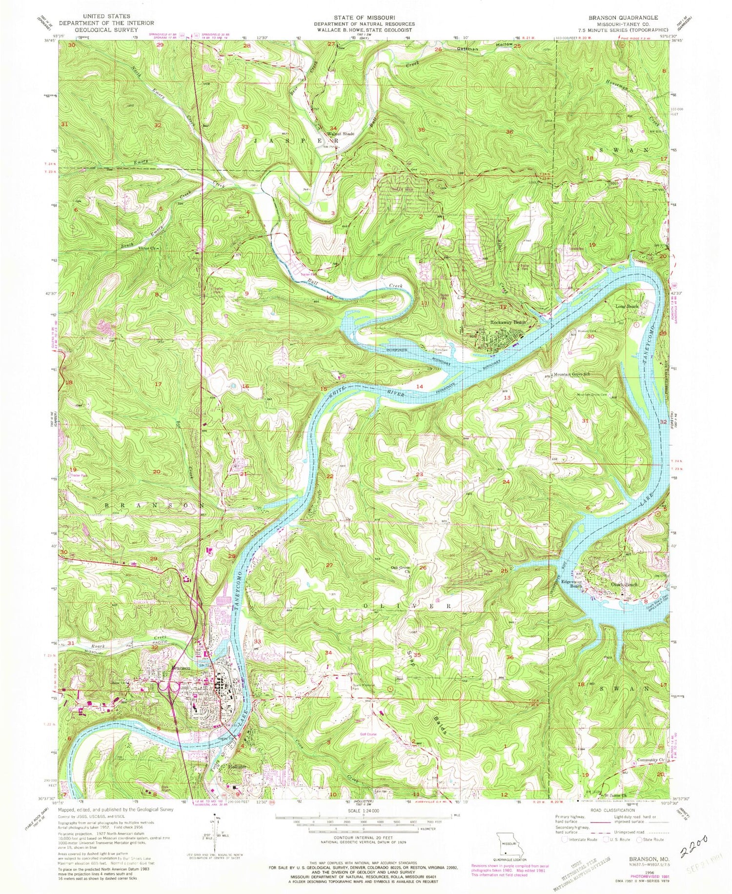 Classic USGS Branson Missouri 7.5'x7.5' Topo Map Image