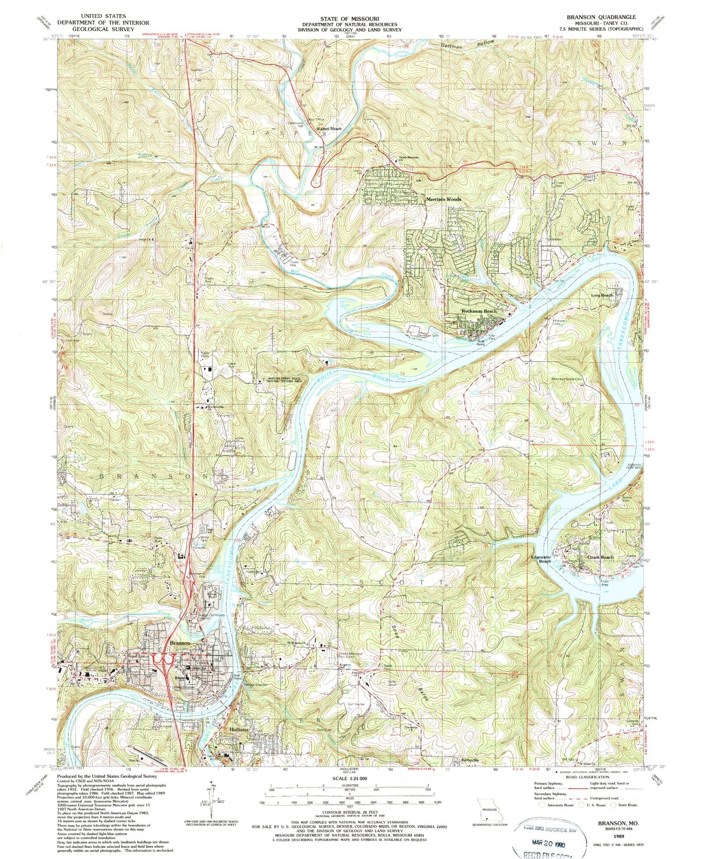 Classic USGS Branson Missouri 7.5'x7.5' Topo Map Image