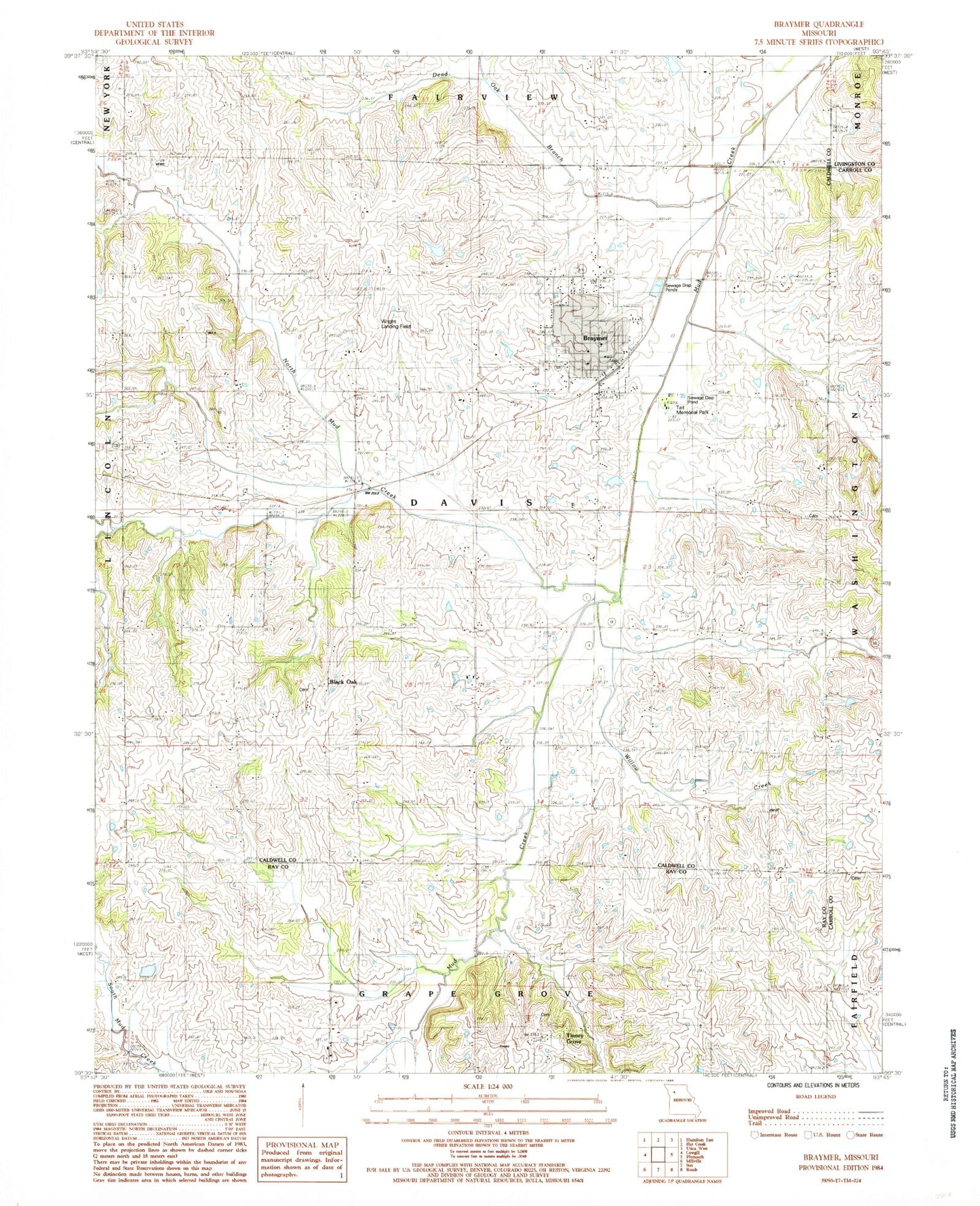 Classic USGS Braymer Missouri 7.5'x7.5' Topo Map Image