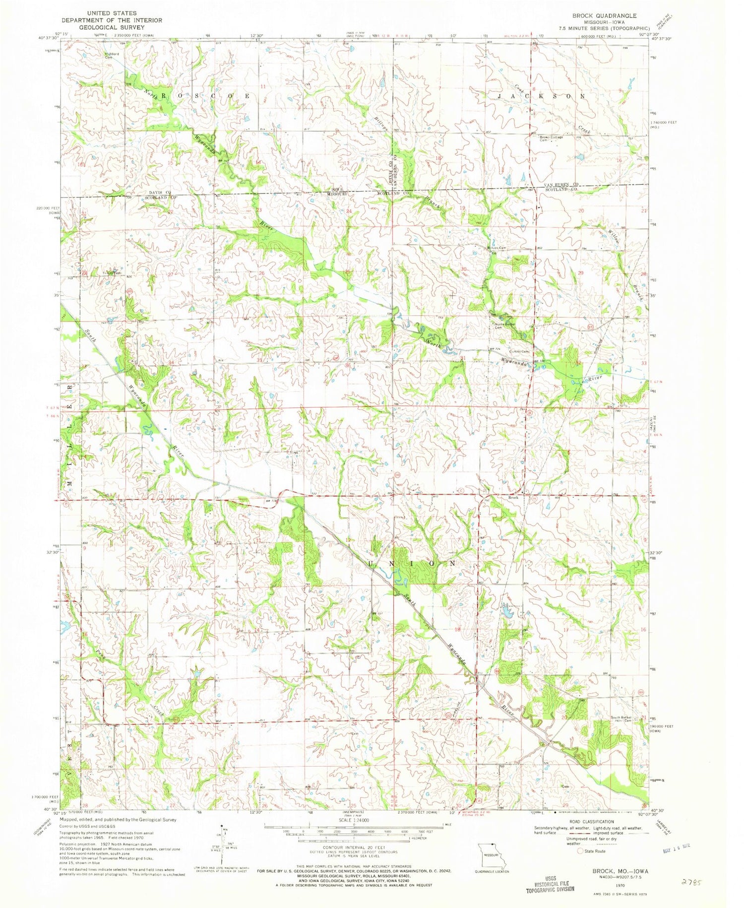 Classic USGS Brock Missouri 7.5'x7.5' Topo Map Image