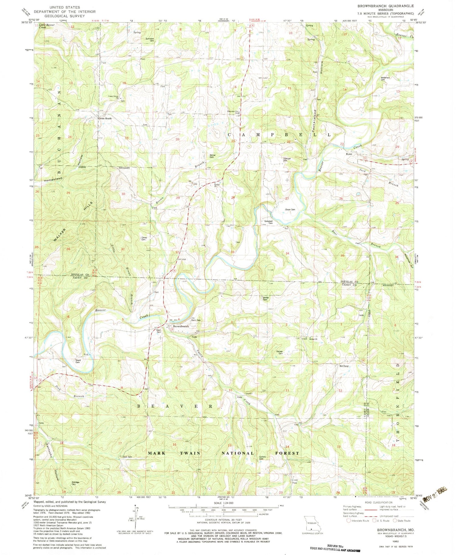 Classic USGS Brownbranch Missouri 7.5'x7.5' Topo Map Image