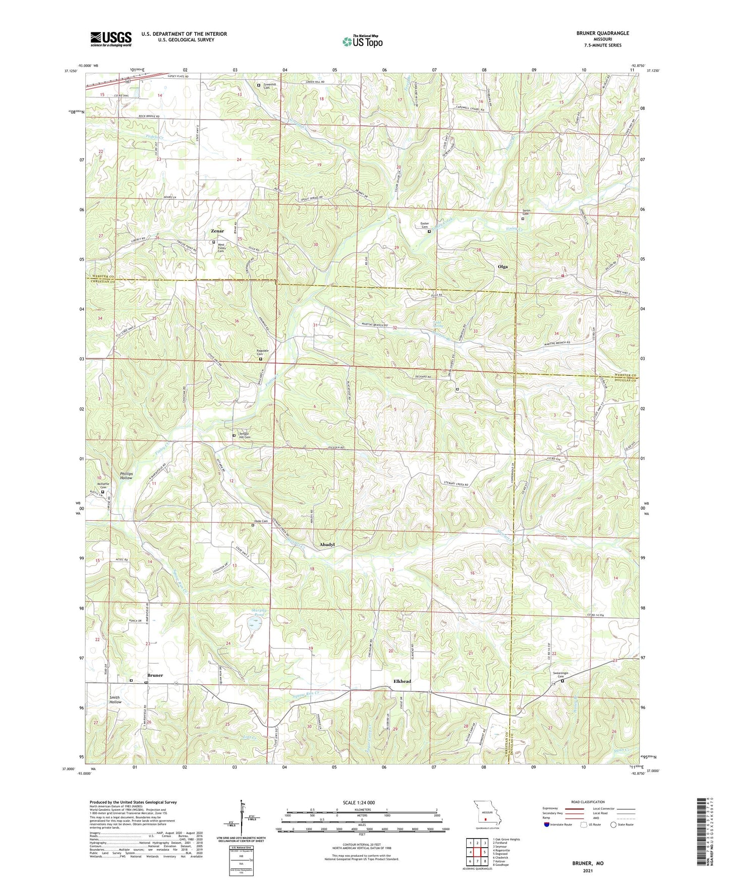 Bruner Missouri US Topo Map Image