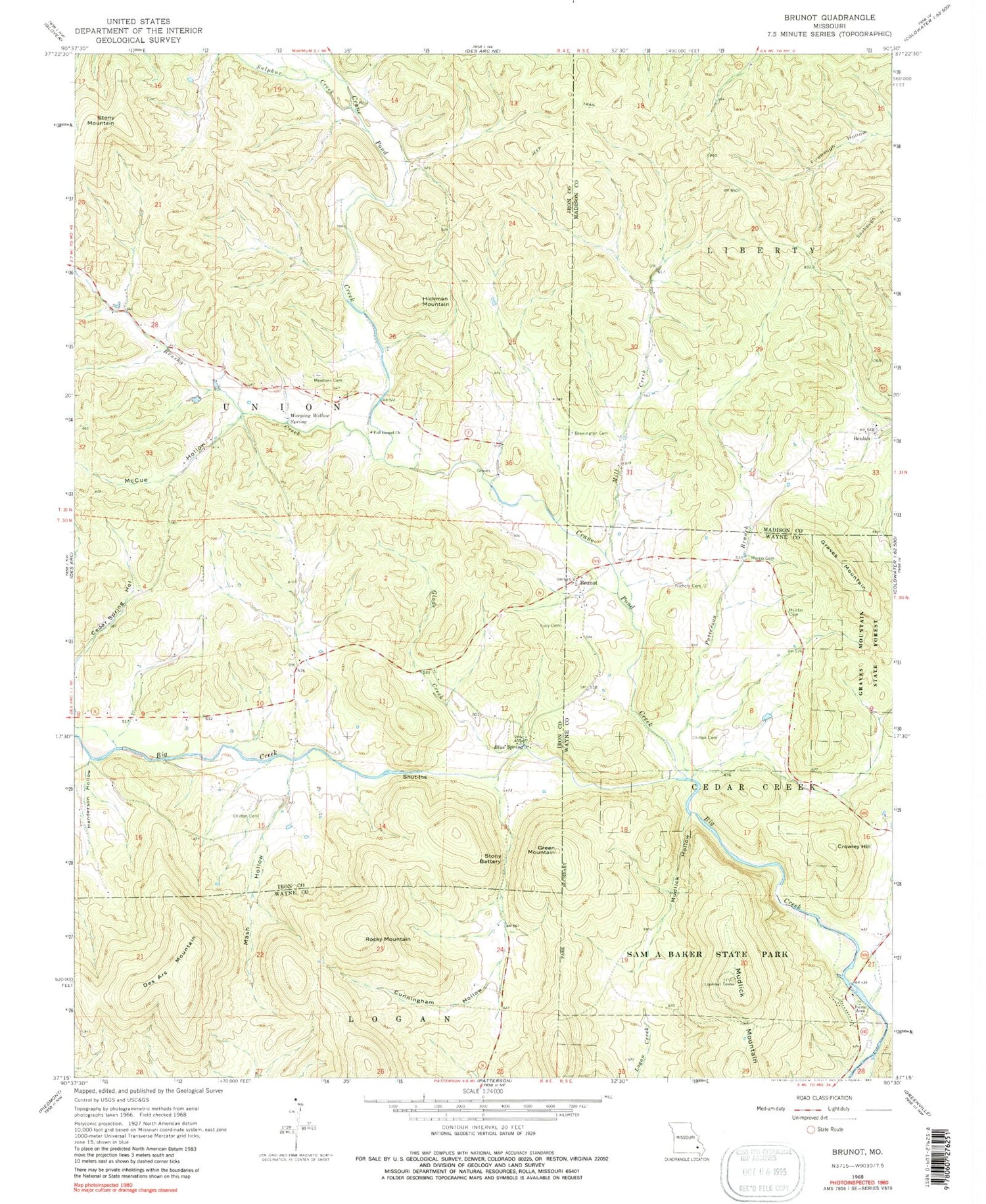 Classic USGS Brunot Missouri 7.5'x7.5' Topo Map Image