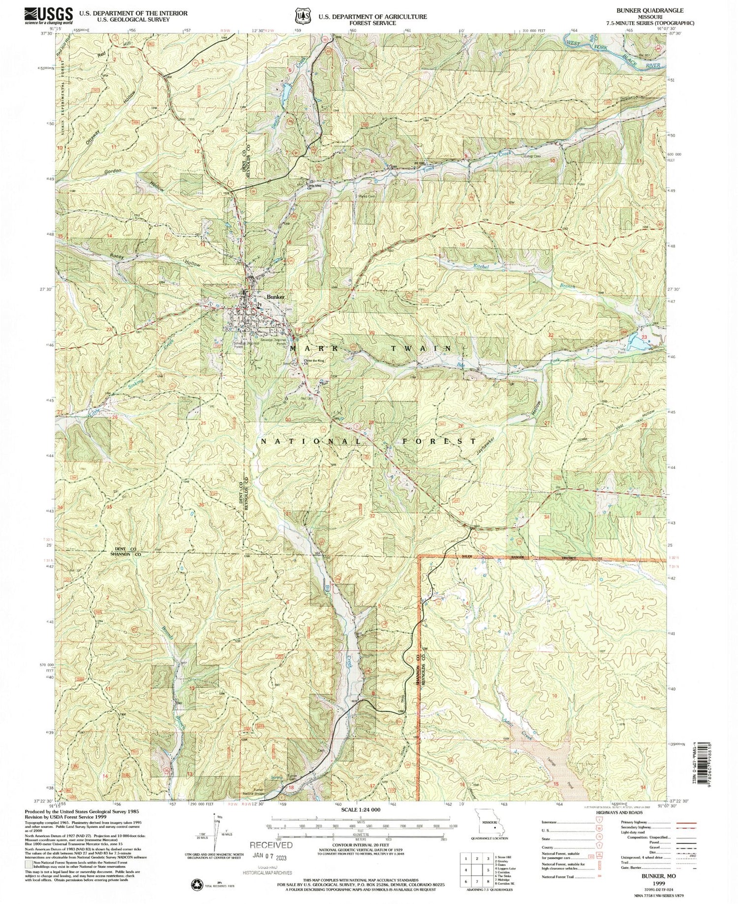 Classic USGS Bunker Missouri 7.5'x7.5' Topo Map Image