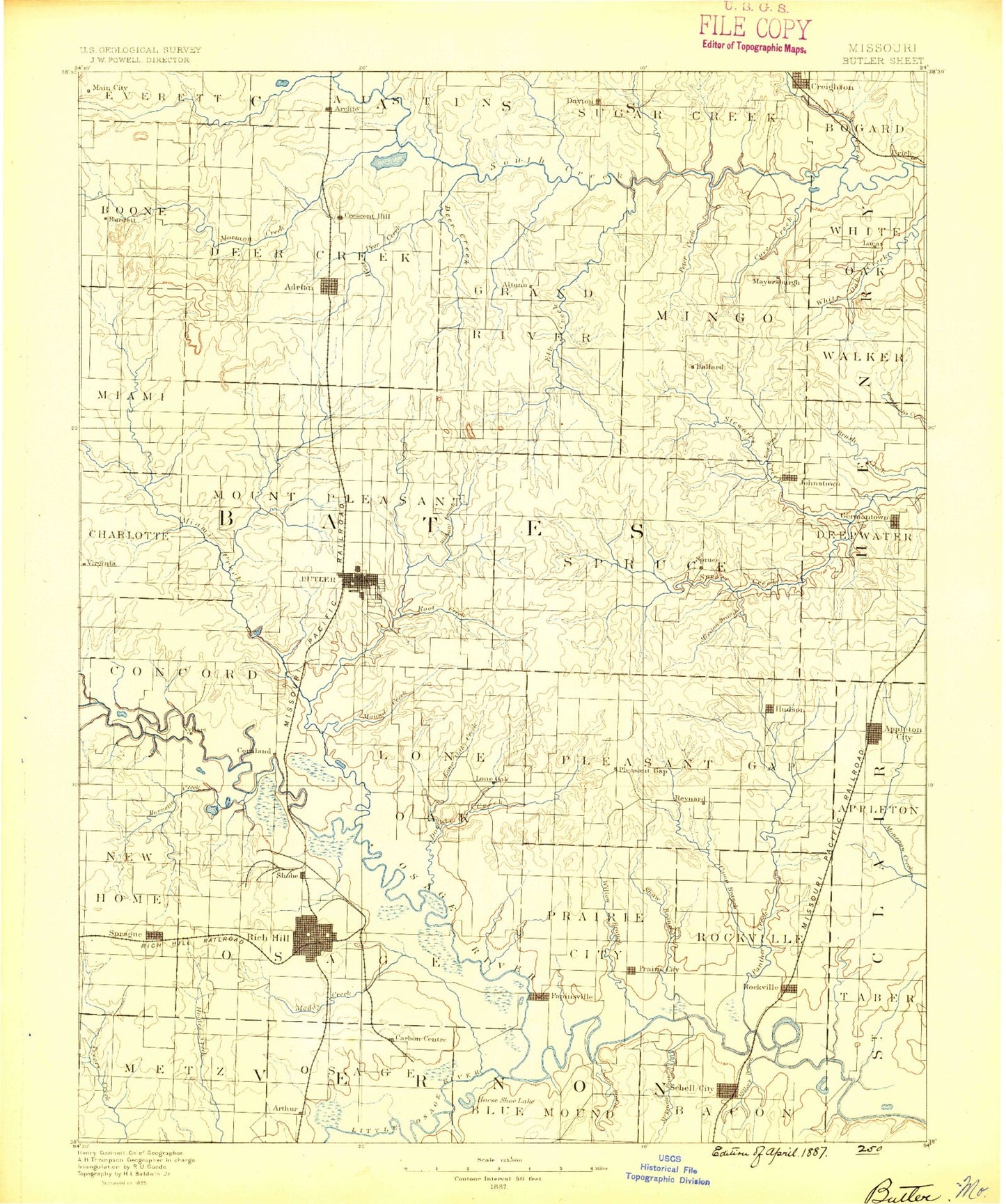 Historic 1887 Butler Missouri 30'x30' Topo Map Image