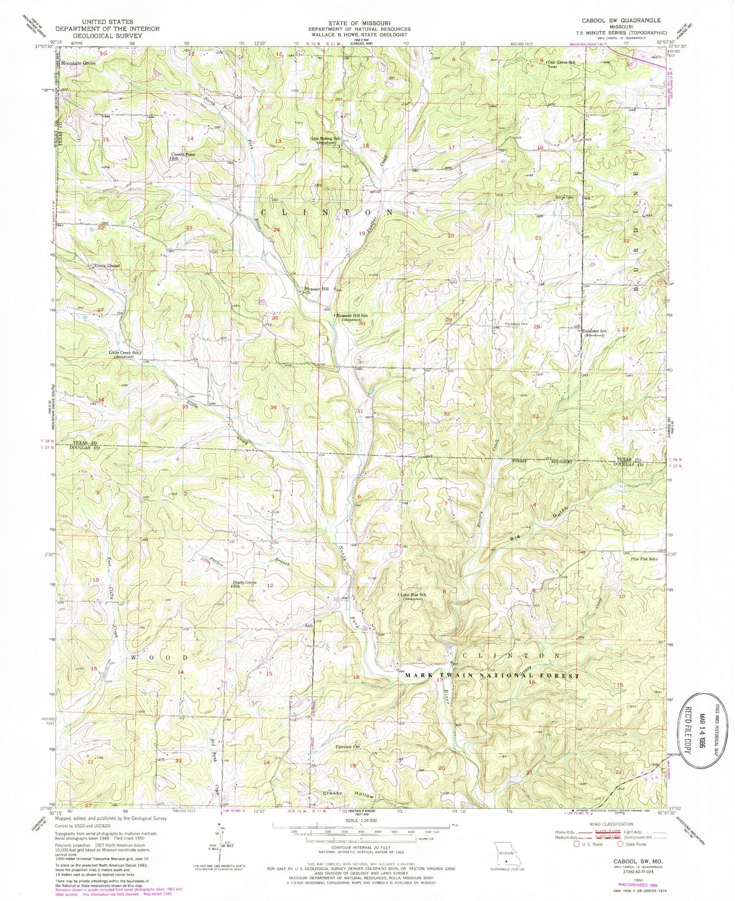 Classic USGS Cabool SW Missouri 7.5'x7.5' Topo Map Image