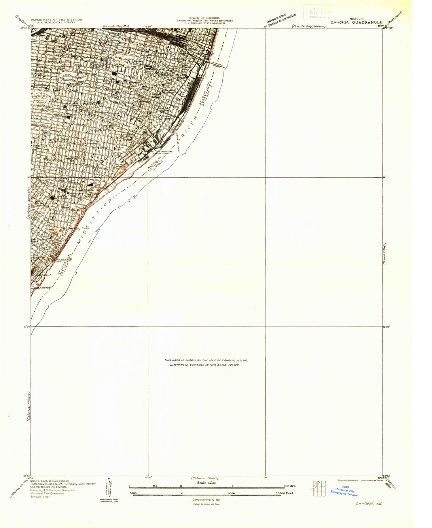 Classic USGS Cahokia Illinois 7.5'x7.5' Topo Map Image