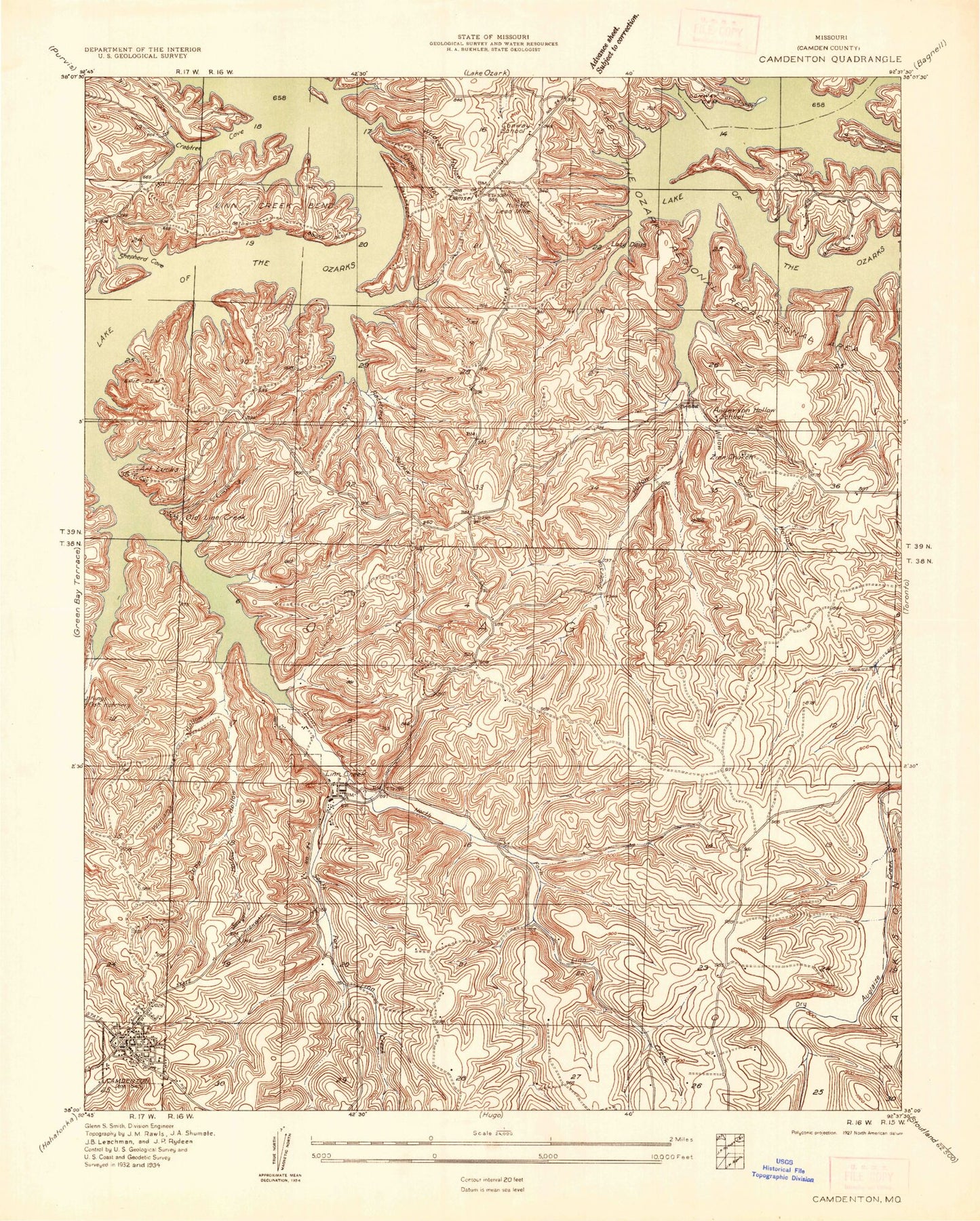 Classic USGS Camdenton Missouri 7.5'x7.5' Topo Map Image